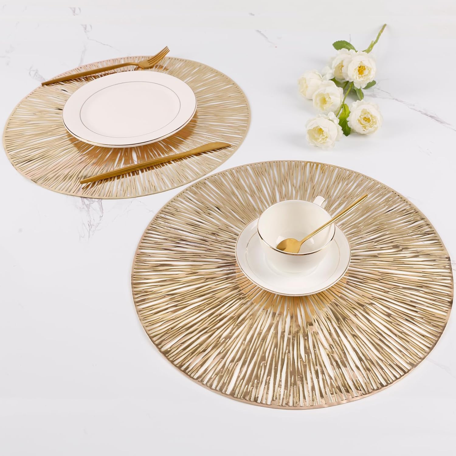 Evevda Juego de 6 manteles individuales redondos para mesa de comedor, manteles individuales de vinilo metálico prensado de plástico, decoración de