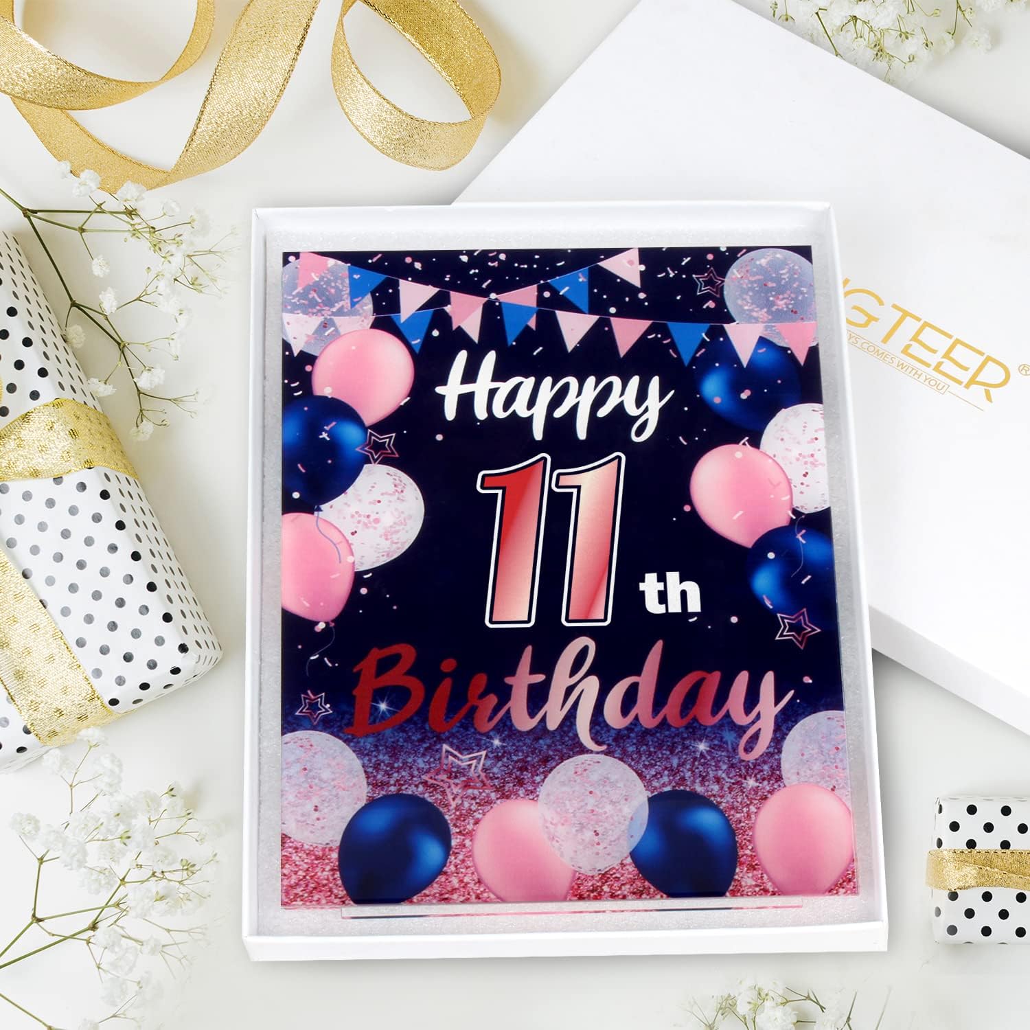 LINGTEER Centros de mesa acrílicos con globos de color azul marino y rosa con texto en inglés “Happy 11th Birthday”, 2 unidades de decoración de