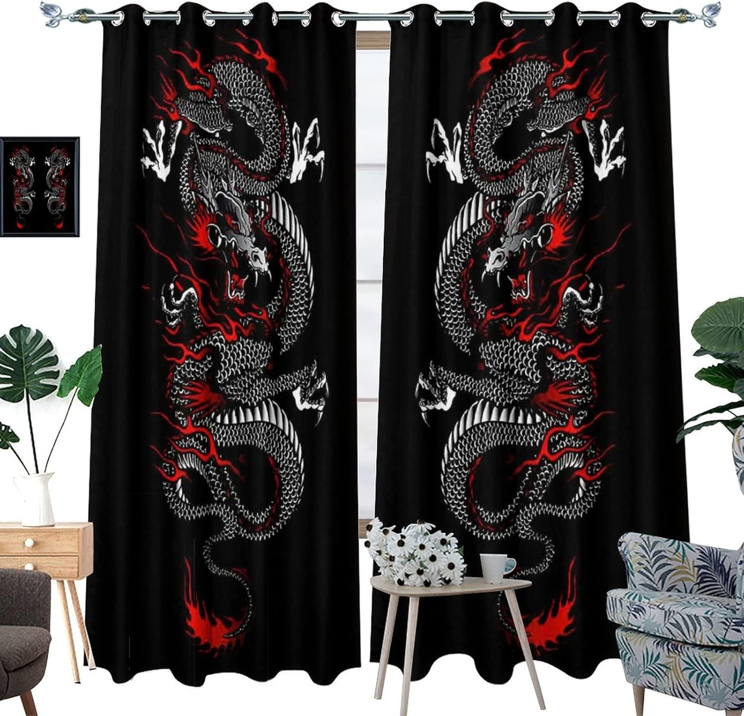 fucyBu Cortinas opacas para oscurecer la habitación con ojales, diseño de dragón chino, fantasía, retro, negro, rojo, dragón japonés, eficiencia