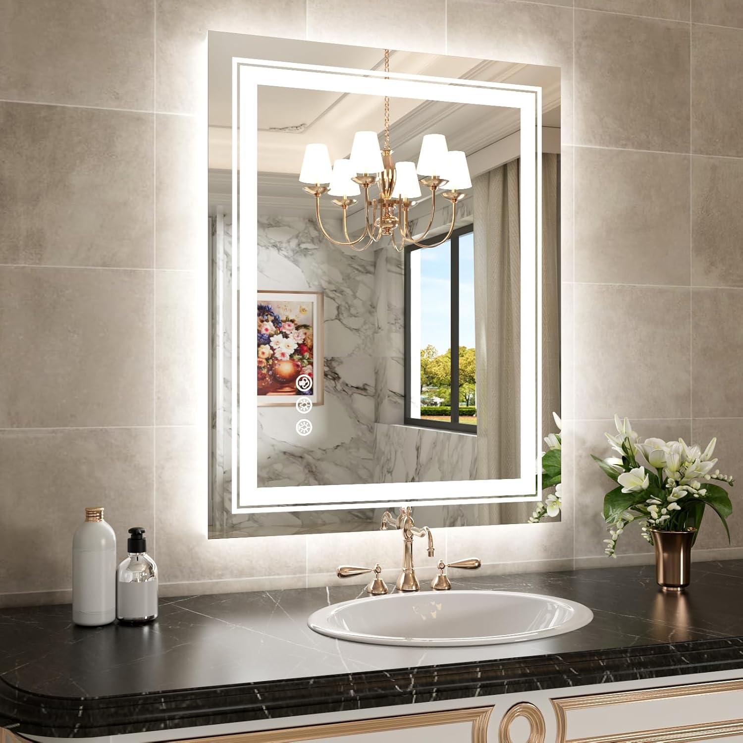 WTTY Espejo de baño LED RGB de 28 x 36 pulgadas con retroiluminación y 3 luces delanteras, espejo LED regulable continuo para baño, espejo de