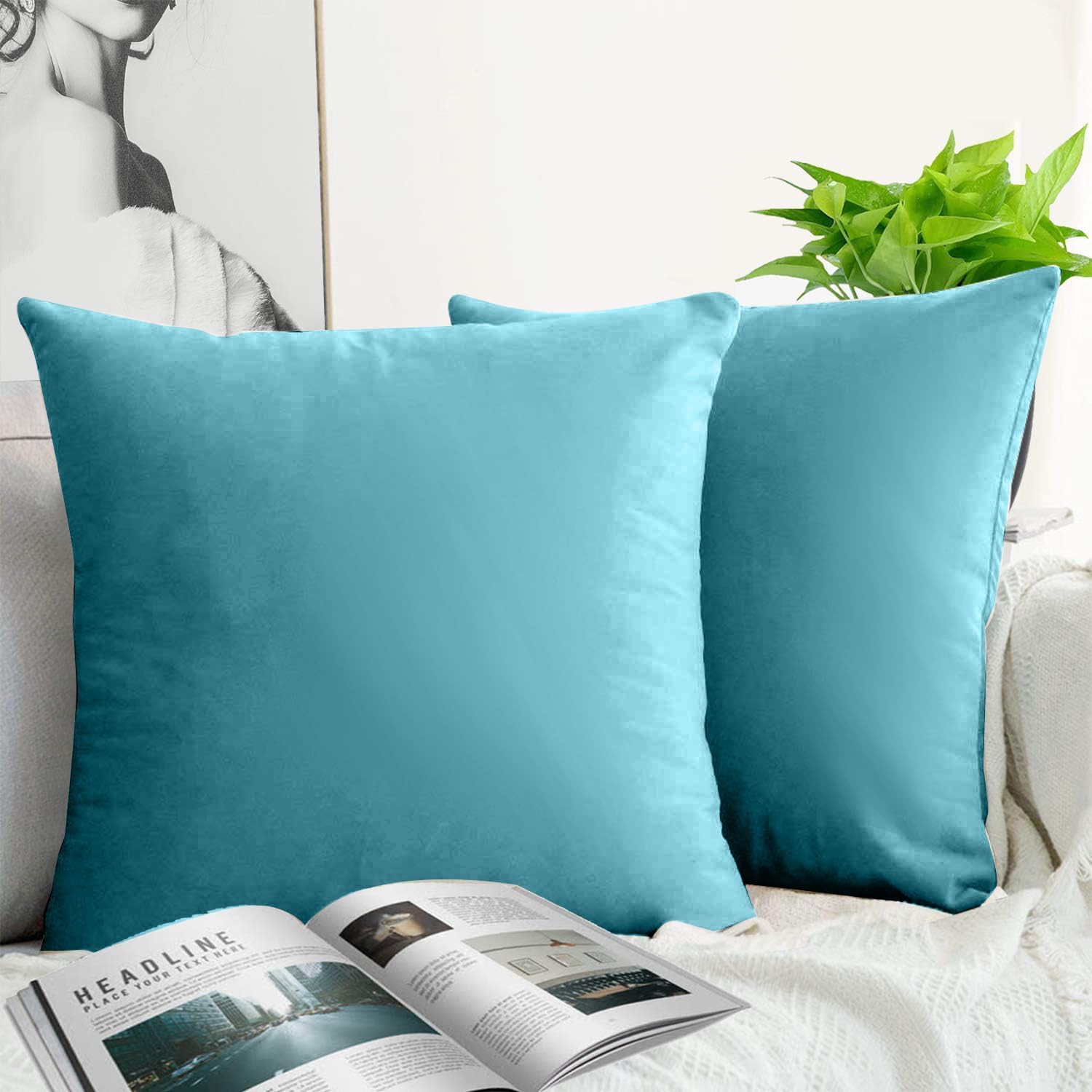 Fundas de almohada decorativas de terciopelo, paquete de 2 fundas de almohada ultra suaves de color verde claro de 18 x 18 pulgadas para sofá,