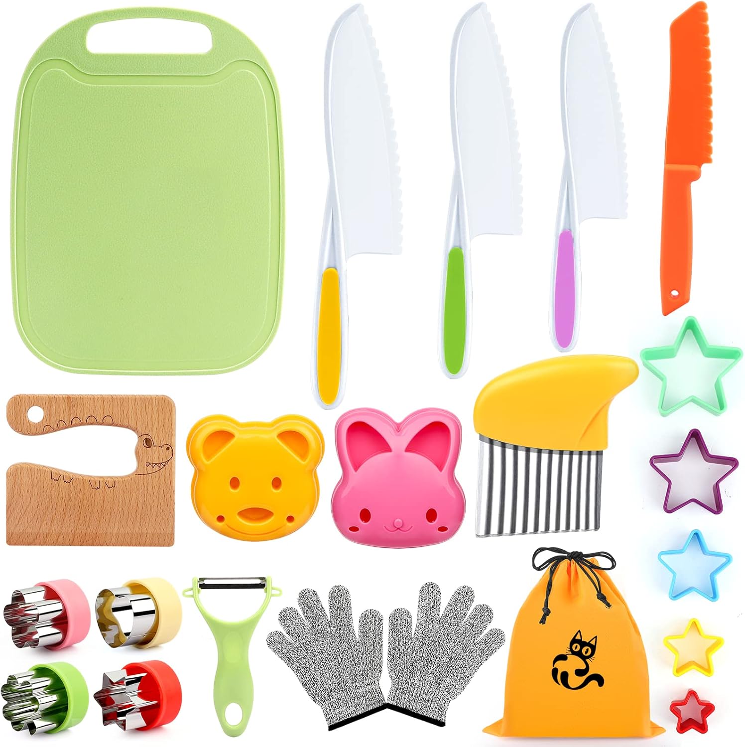 22 cuchillos de cocina de madera para niños, juego de cuchillos de cocodrilo con guantes, tabla de cortar frutas, verduras, cortadores arrugados,