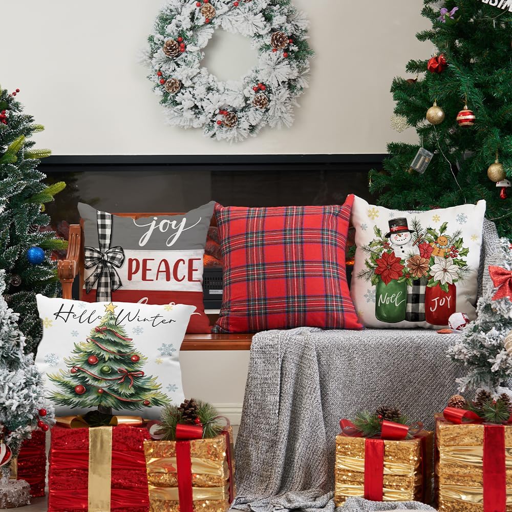 DFXSZ Juego de 4 fundas de almohada navideñas de 18 x 18 pulgadas, jarrón de muñeco de nieve, árbol de Navidad, decoración de invierno para el