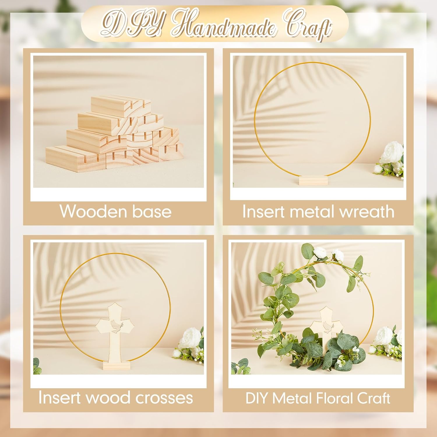 24 centros de mesa de bautismo para mesas, 12 cruces de madera para manualidades, 12 centros de mesa de aro floral de metal con soporte, centros de