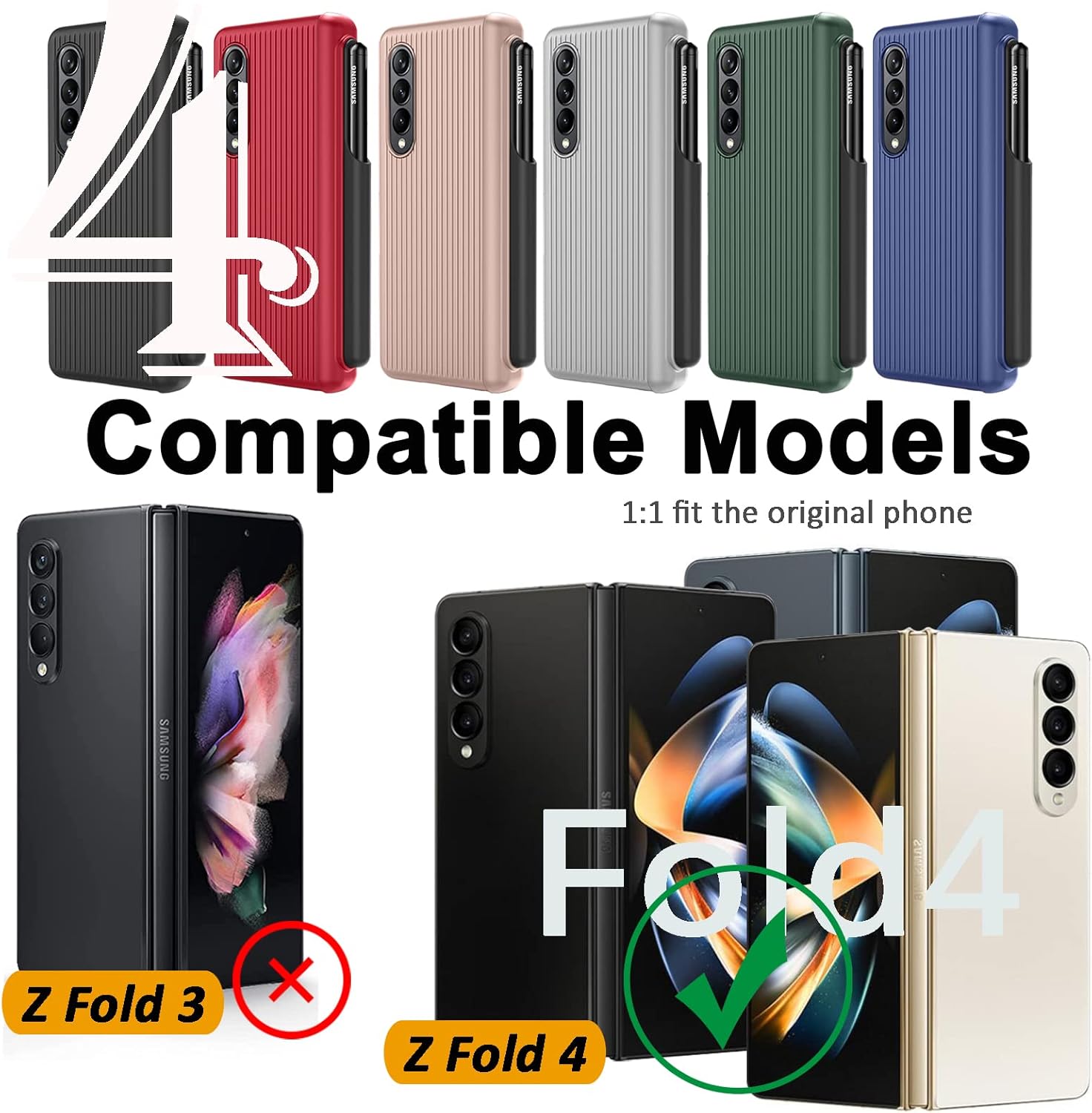 Miimall Funda compatible con Samsung Galaxy Z Fold 4 con bolígrafo, Z Fold 4 con S Pen + protector de pantalla frontal + diseño de rayas verticales,