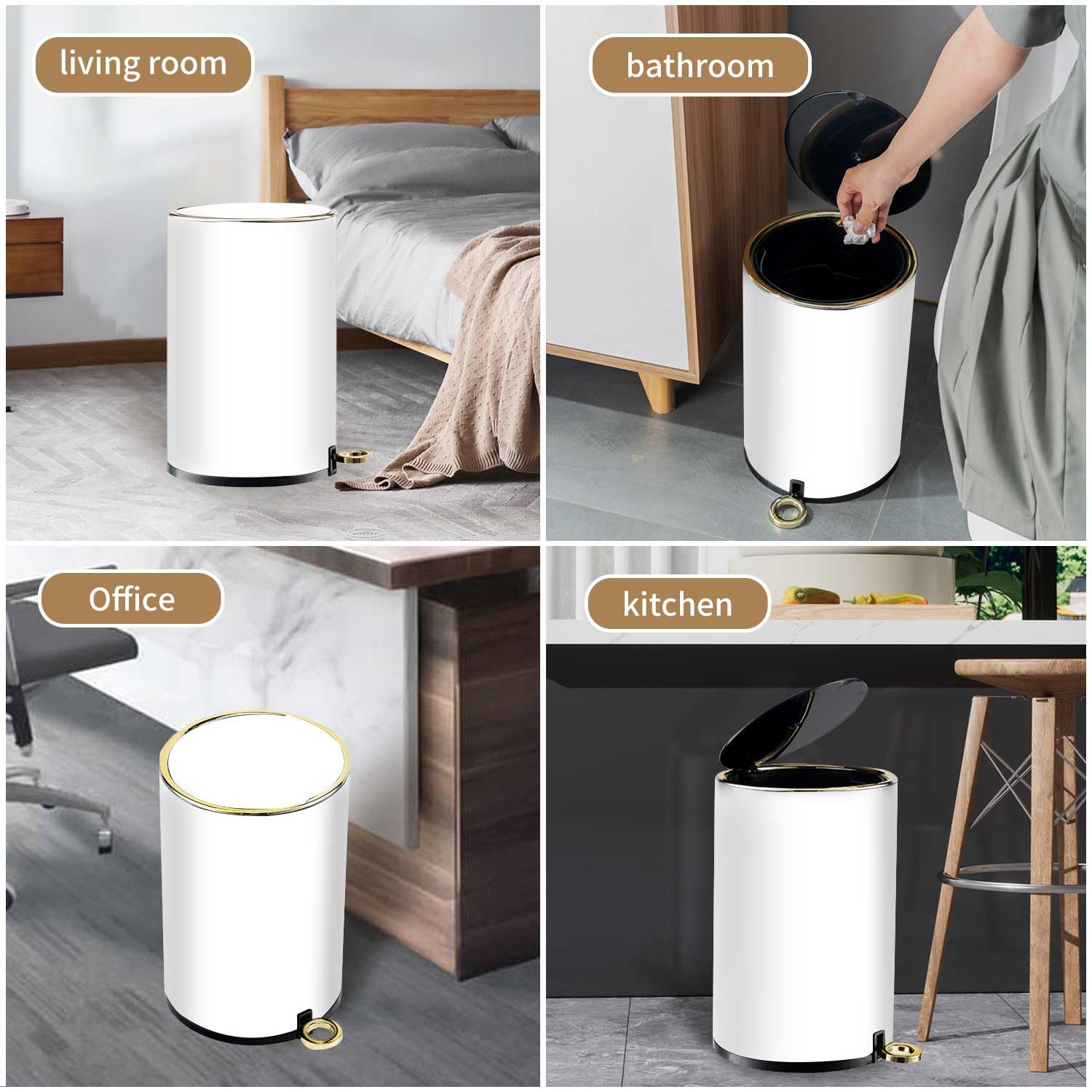 Cubo de basura redondo de metal con tapa y pedal, contenedor de basura de 2 galones con papelera interior extraíble para baño, dormitorio, cocina,