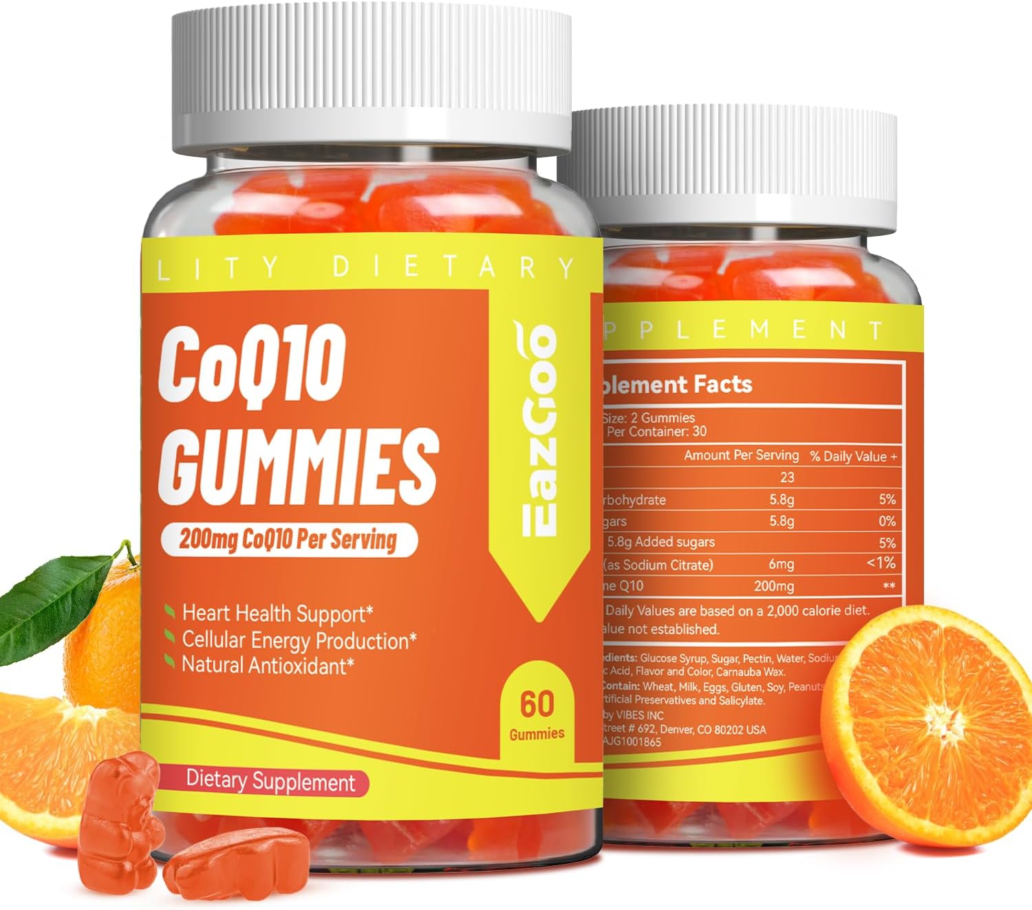 Gomitas CoQ10 de 200 mg, suplemento vegano para producción de energía, sin OMG, sin gluten (120 gomitas)