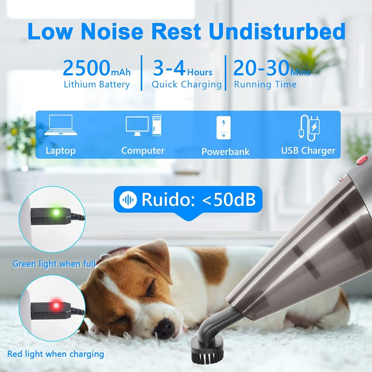 Aspiradora de mano, 4 en 1, aspiradora de coche inalámbrica 8500 PA, aspiradora portátil de 120 W, mini aspiradora portátil con USB para el hogar,