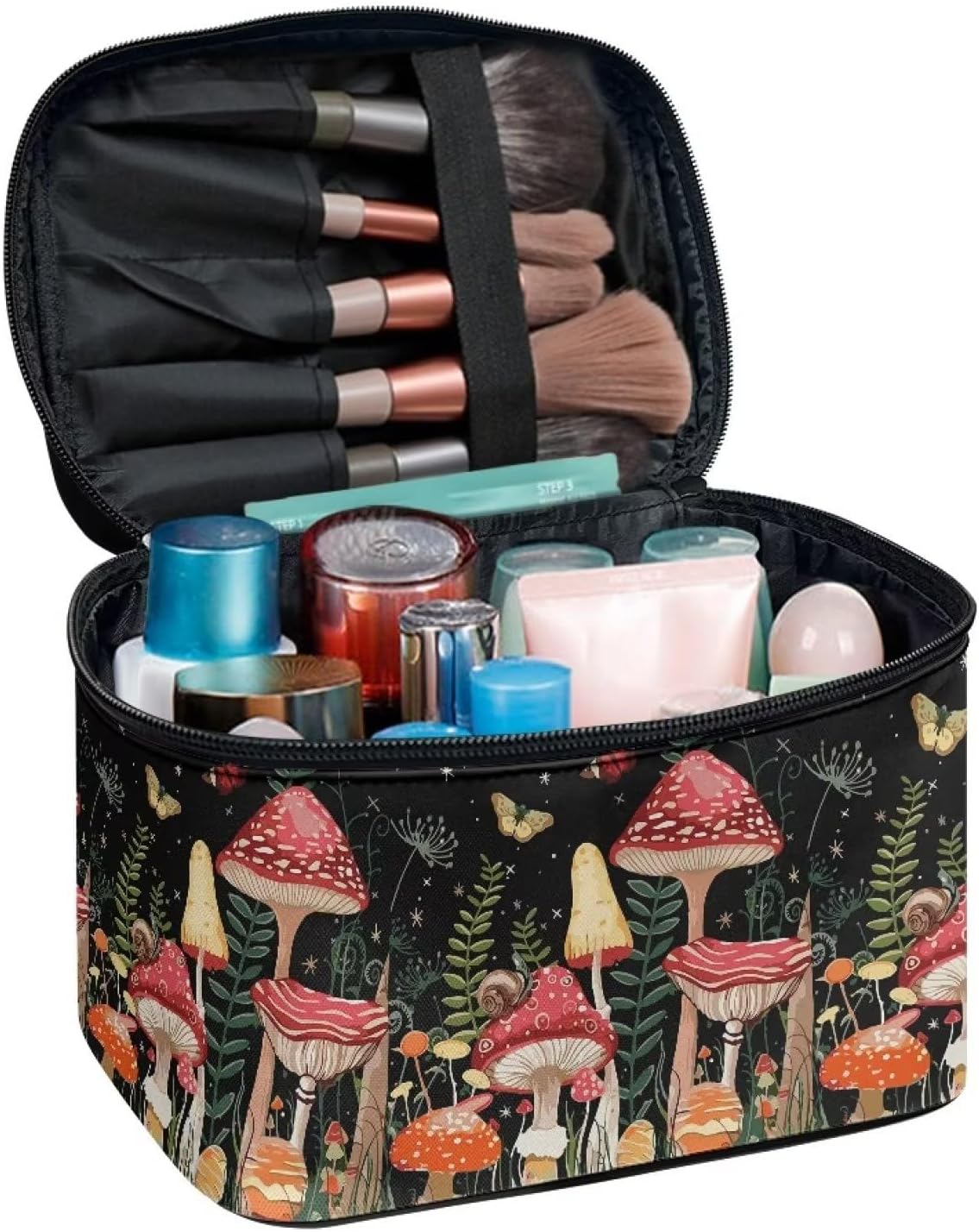 XXQGOMG Bolsa de cuidado de la piel Bolsa de cosméticos para mujeres Bolsa de maquillaje de viaje de gran capacidad, Diseño de hongo, Ligero