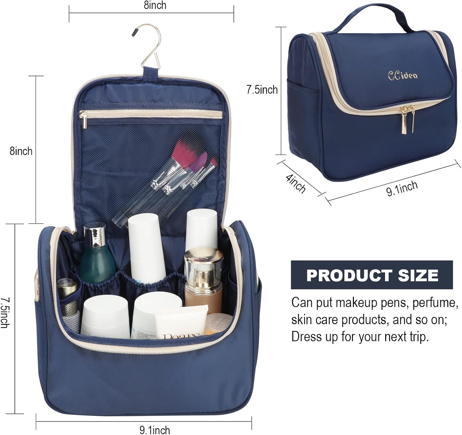 CCidea Bolsa de maquillaje para mujer, bolsa de aseo de viaje grande mejorada para niñas, organizador de maquillaje reutilizable (azul marino)