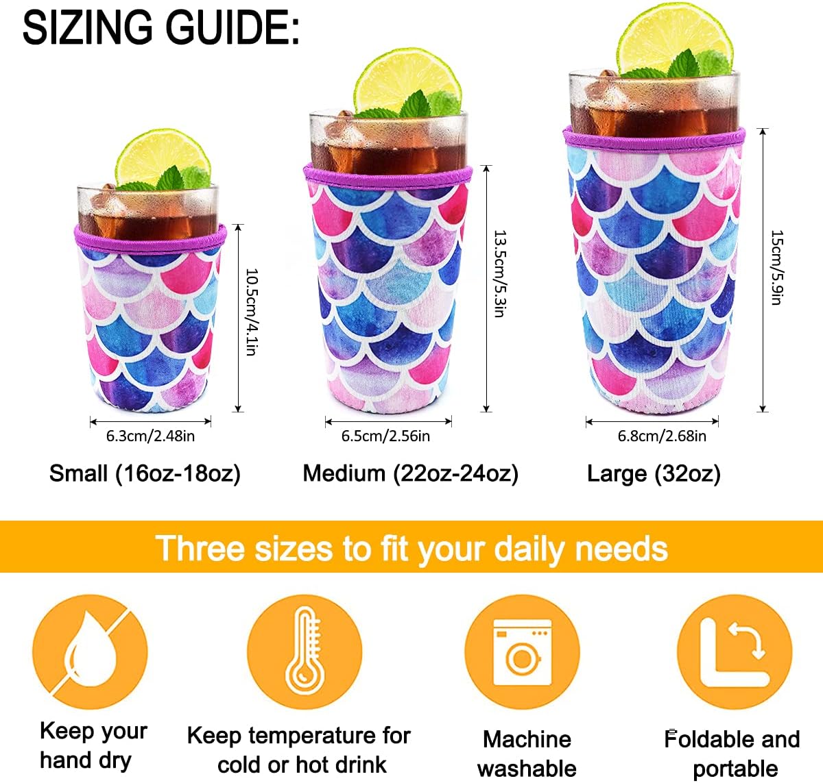 Paquete de 3 fundas reutilizables de neopreno reutilizables para taza de café helado, fundas reutilizables para bebidas frías y calientes (sirena)