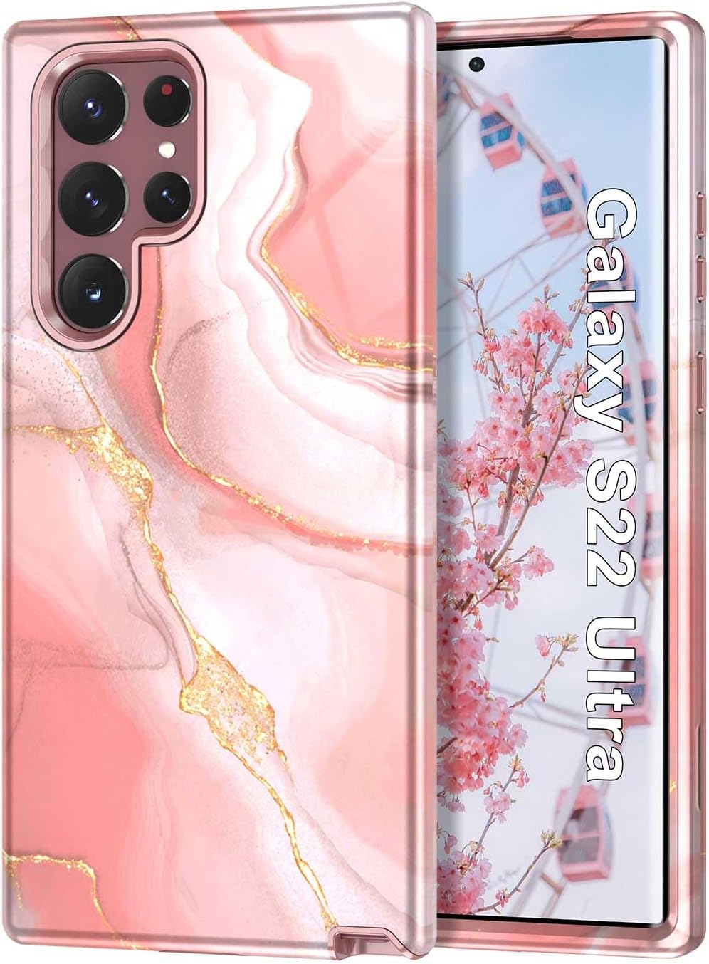 Btscase Funda para Samsung Galaxy S22 Ultra 5G, patrón de mármol 3 en 1, resistente a prueba de golpes, cuerpo completo, policarbonato duro y suave
