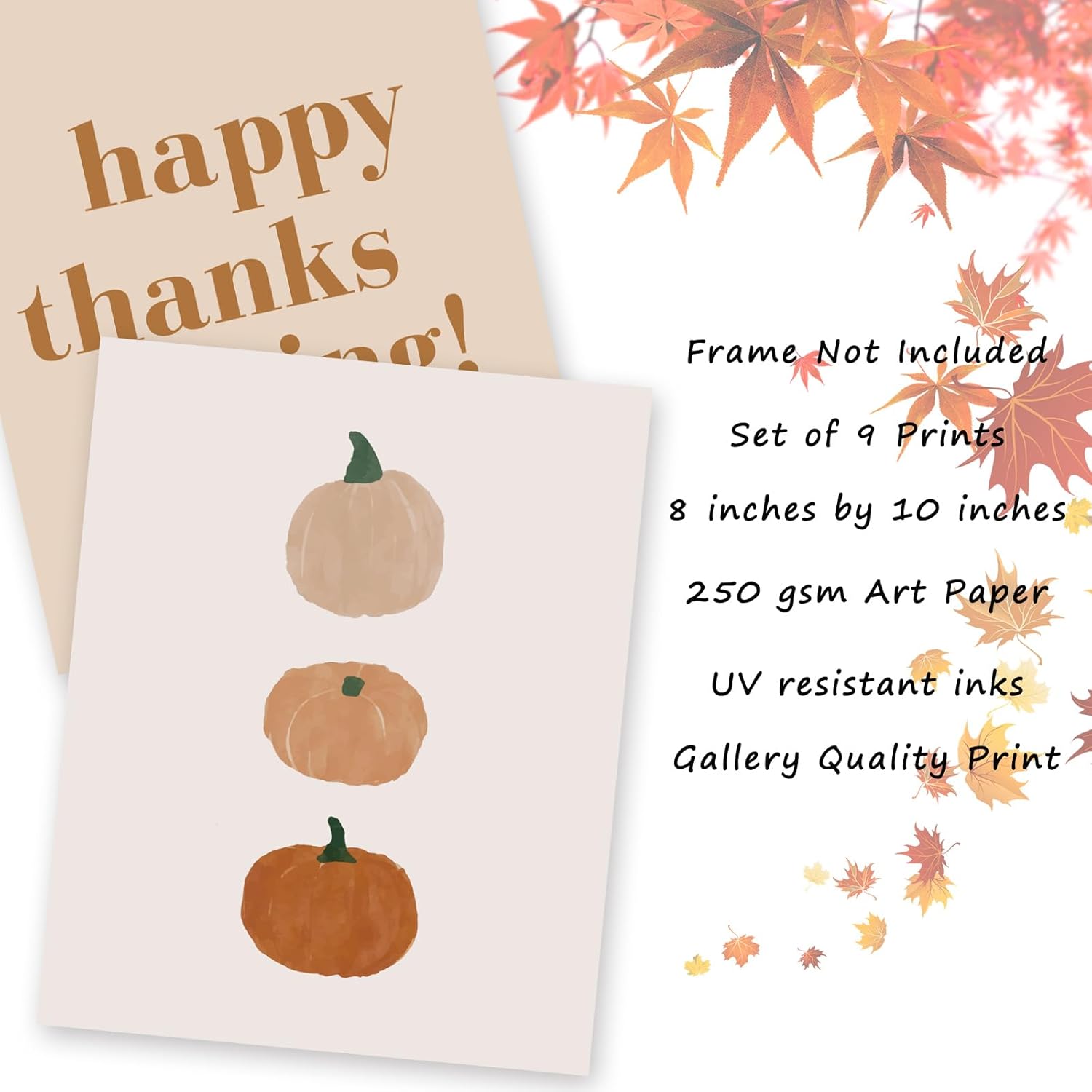 AnyDesign 9 piezas de arte de pared boho con temática de otoño, feliz otoño, Acción de Gracias, pósteres de arte en papel, pastel, calabaza, hojas
