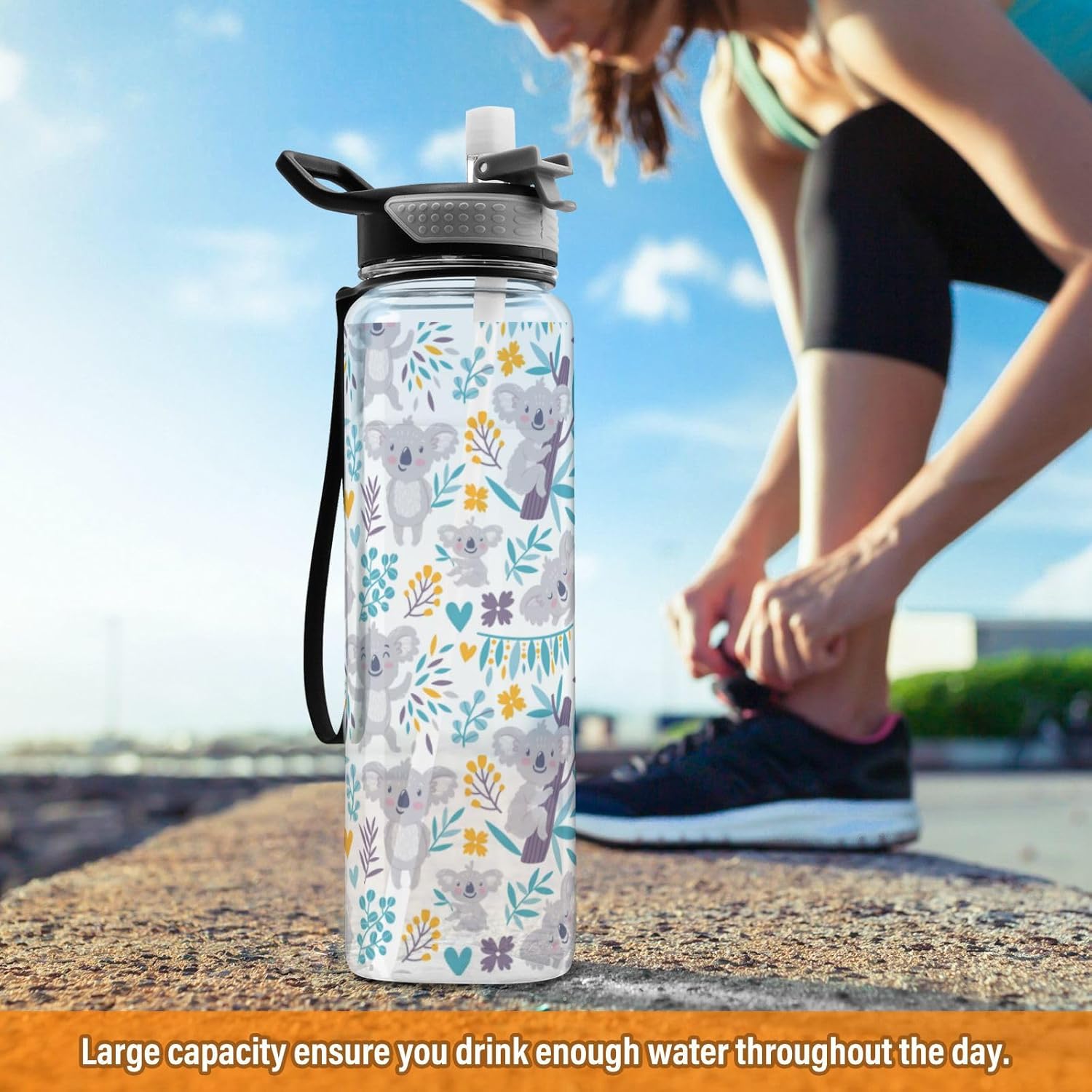 Botella de agua deportiva de 32 onzas con diseño de osos koala y flores, a prueba de fugas, con tapa de pajilla, reutilizable, transparente, sin