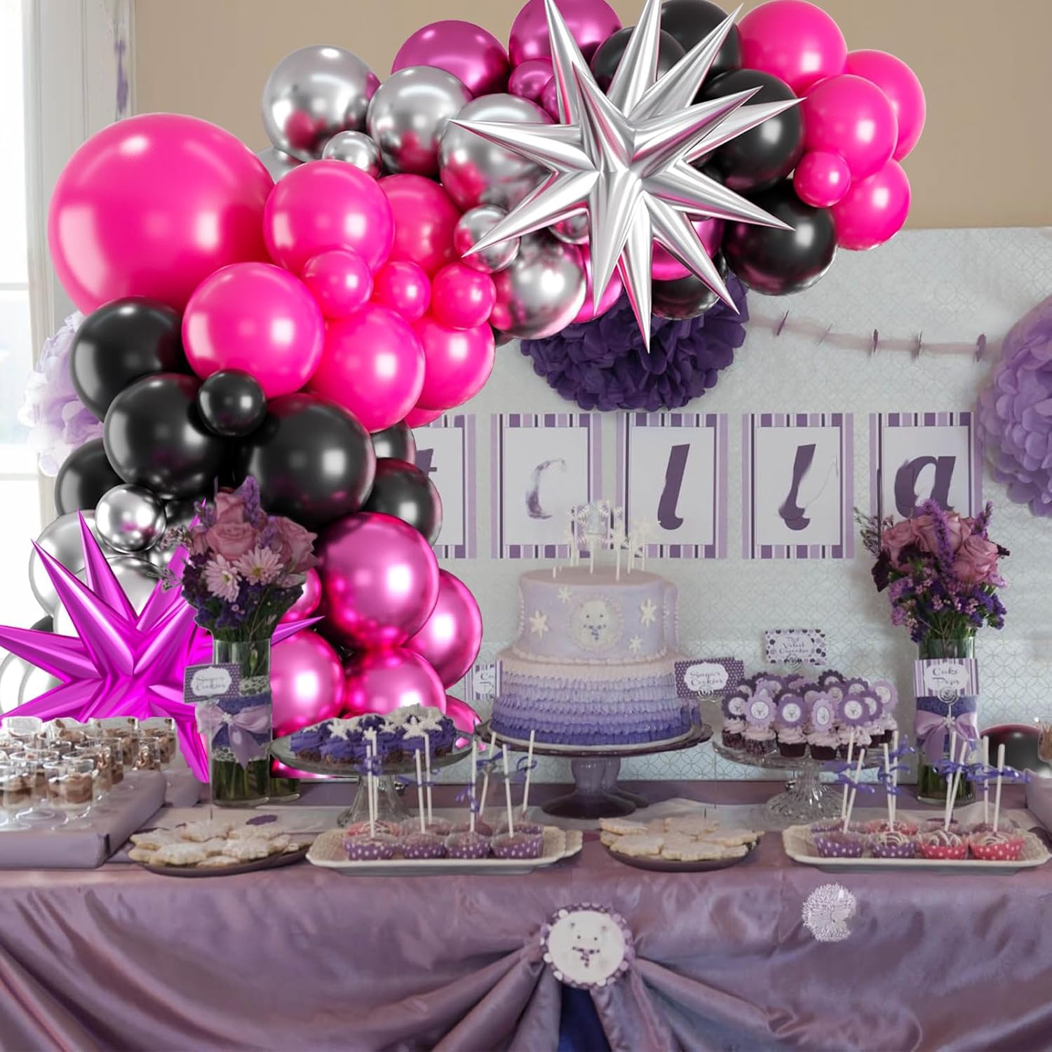 Kit de arco de guirnalda de globos negros y rosados, arco de globos de color rosa intenso y plateado con globos de estrella para niñas, cumpleaños,