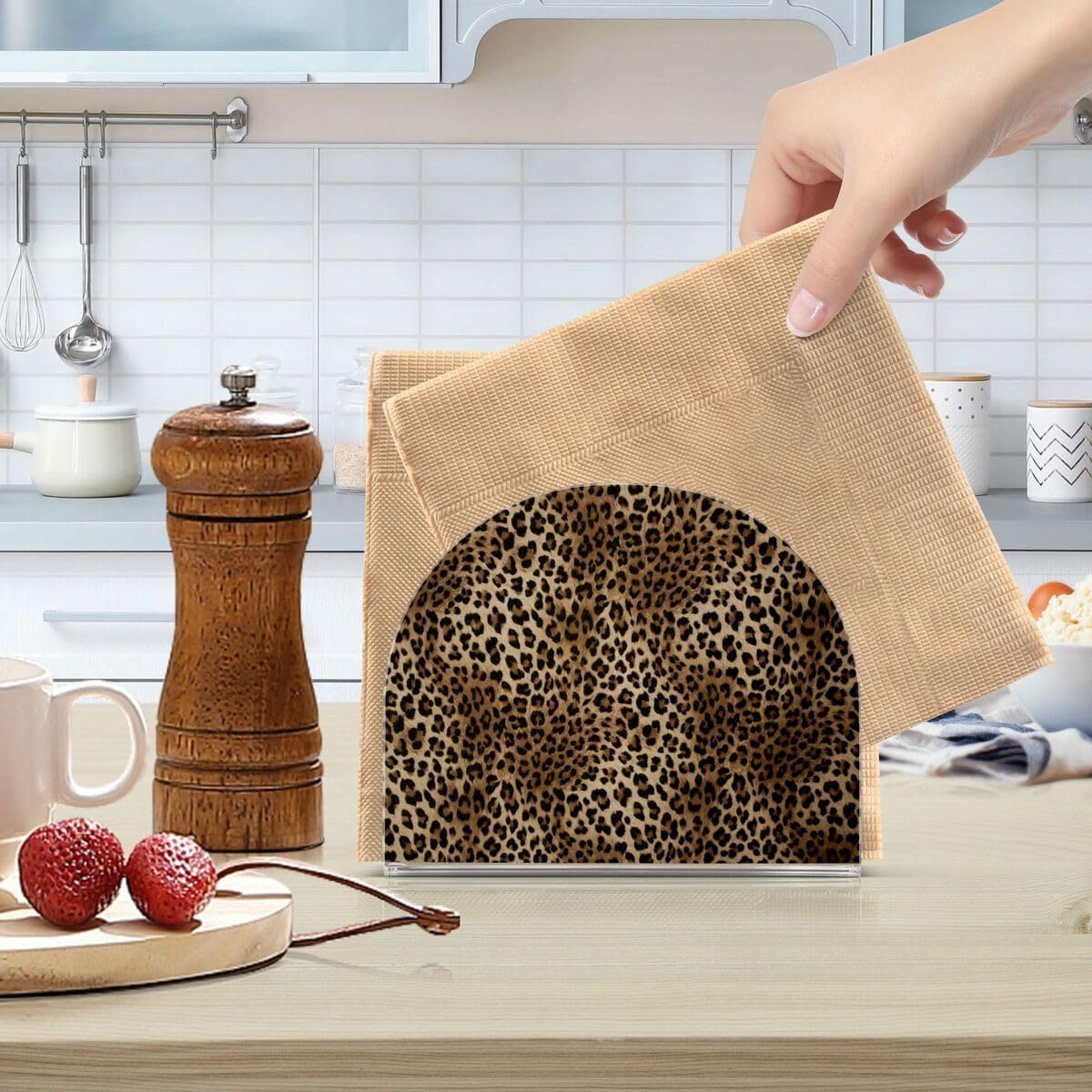 Nander Servilleteros vintage con estampado de leopardo para cocina, elegantes servilleteros de papel con placa acrílica, dispensador de toallas de