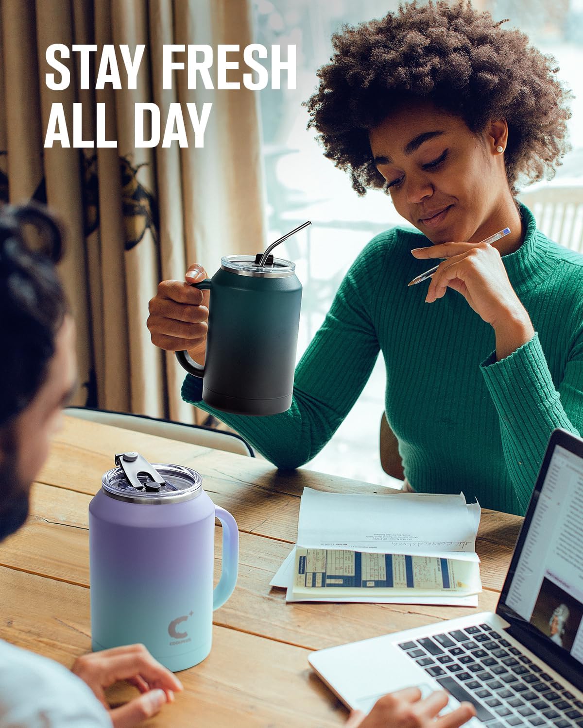 Coolplus Vaso de 32 onzas con asa y pajilla, taza de café de acero inoxidable con aislamiento de viaje con tapa 2 en 1, doble pared de metal que