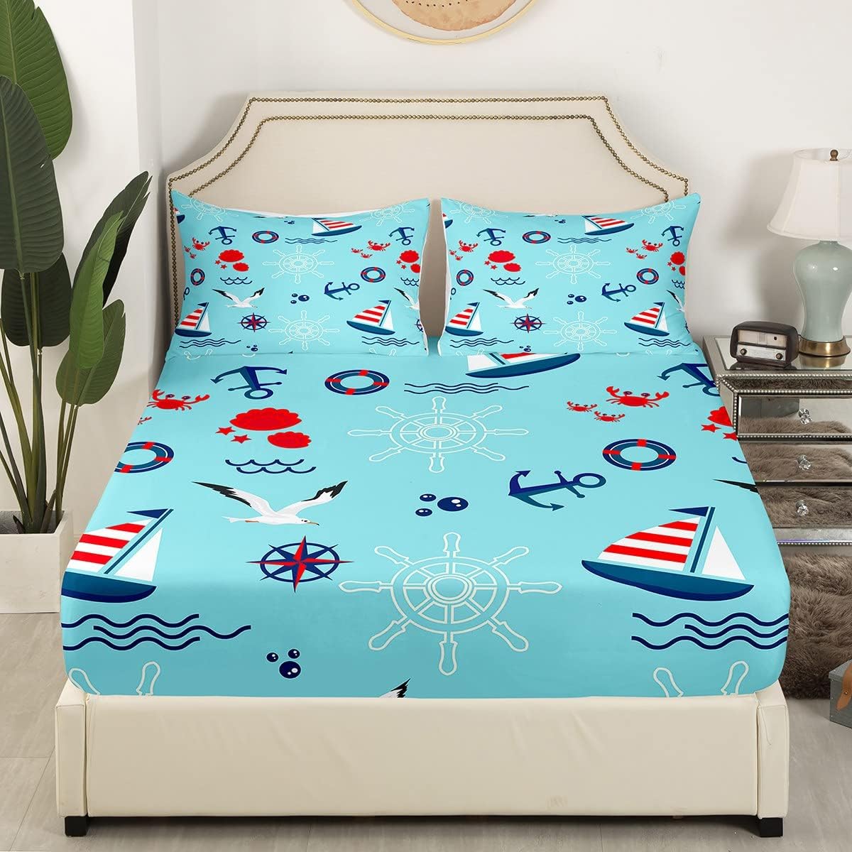 Homewish Anchor Fitted Sheet Twin,Sailboat Nautical Bedding Set 2pcs for Kids Teens Boys Girls Room Decor,Crab Seagull Bed Cover Ocean Blue Bed
