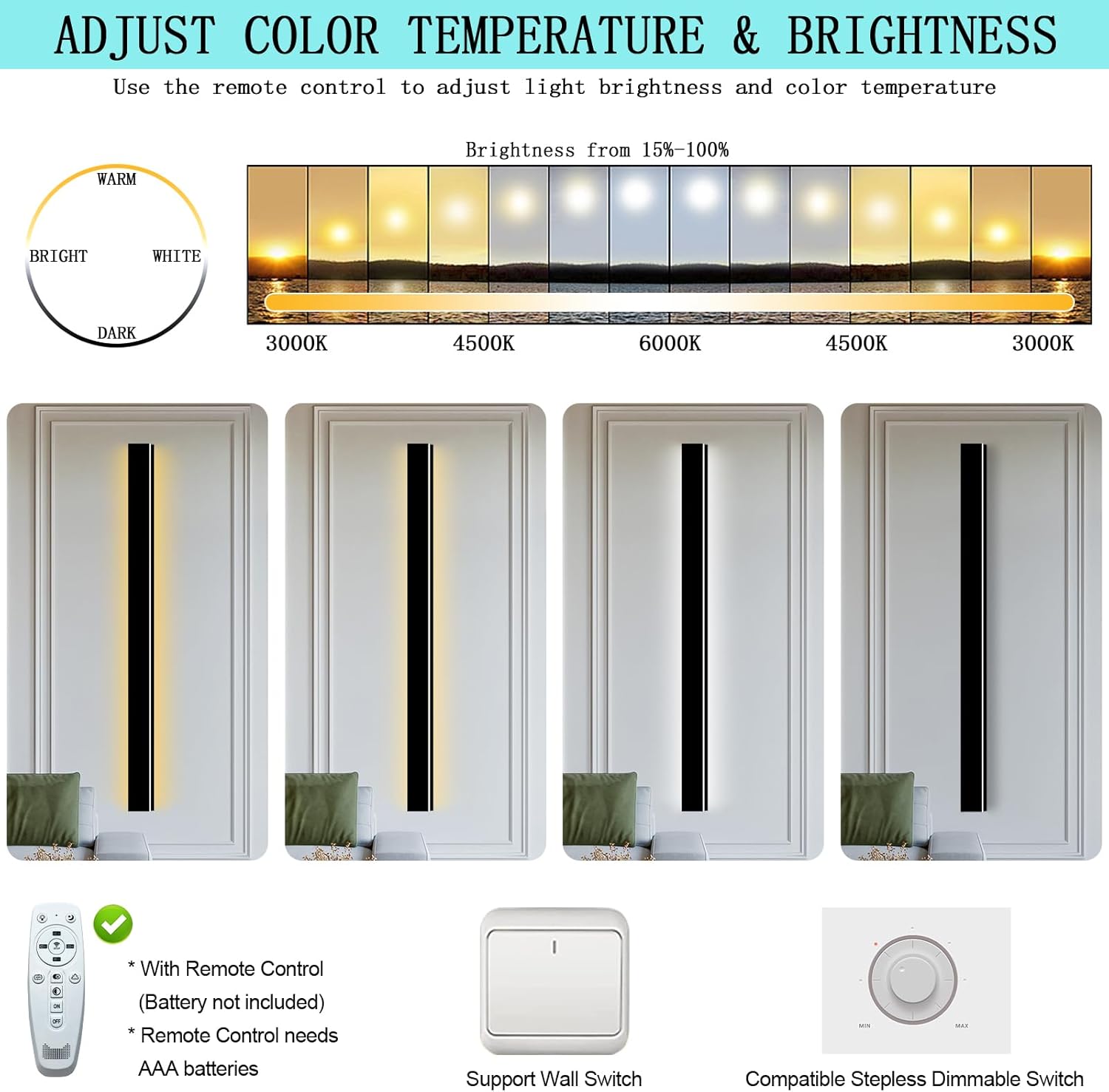 SJIGUANGZ Luces de pared modernas para exteriores de 39 pulgadas, 3000K-6000K, aplique de pared para exteriores regulable con control remoto, IP65