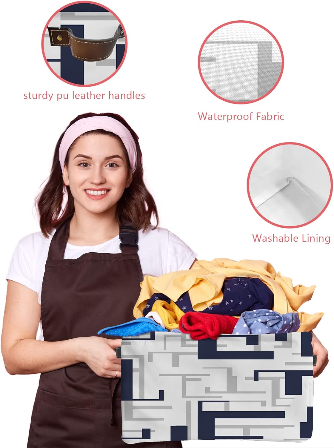 Cesta de almacenamiento azul marino y gris para organizar estantes, cajas de almacenamiento plegables con asa, cesta de lona moderna geométrica