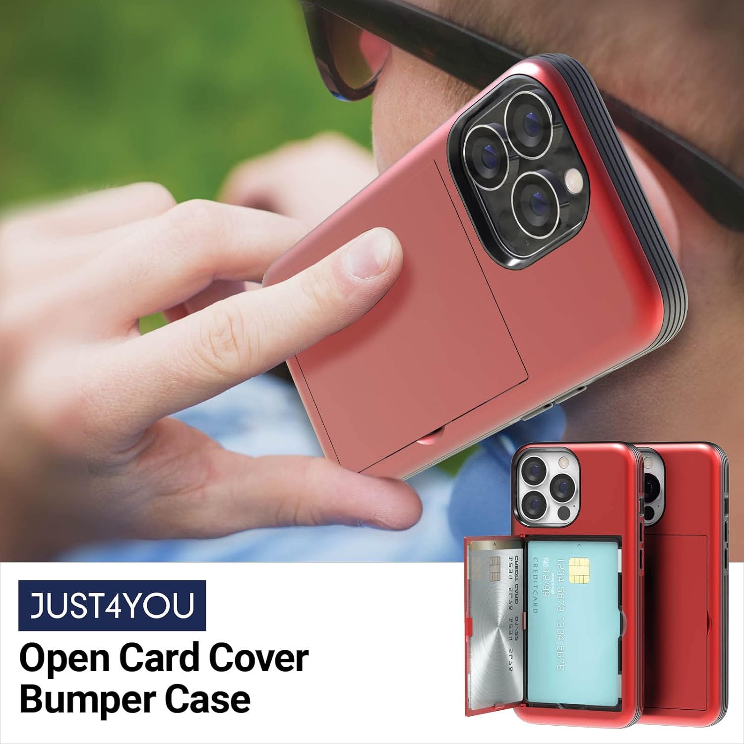 JUST4YOU Funda para iPhone 13 Pro con tarjetero Kickstand protectora de doble capa de parachoques (rojo) CS_BR_OC_I13P_RD