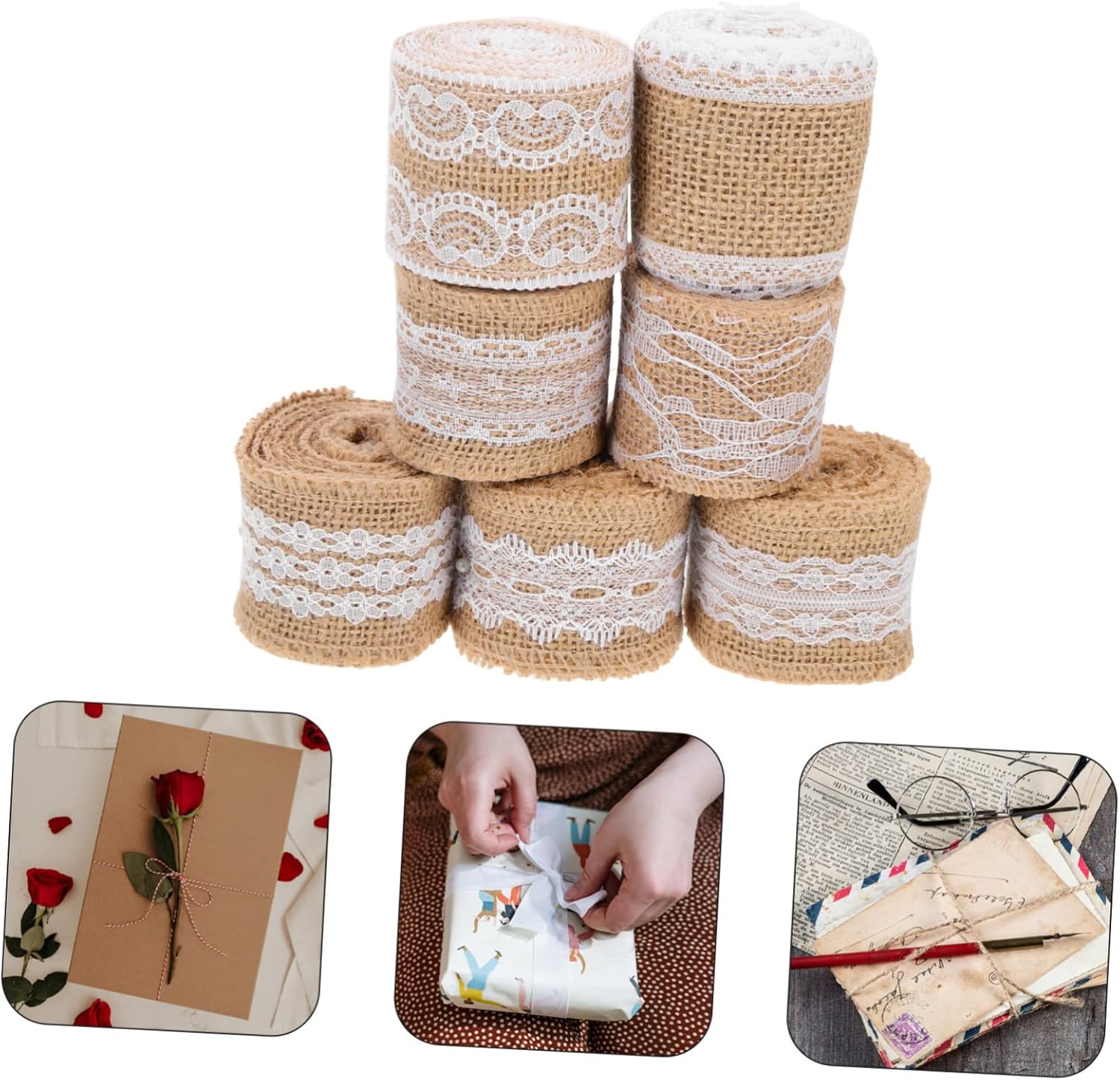 NOLITOY 7 Rolls Lace Burlap Roll Jute Lace Ribbon Wwrapping Ribbon Burlap Bow Farmhouse Ribbon for Crafts Lace Trims Tape Burlap Lace Ribbon Fabric