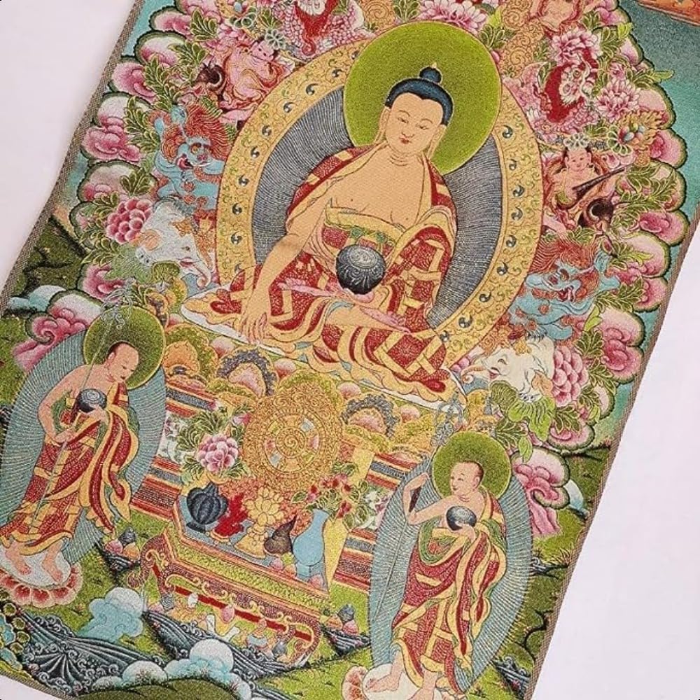 Bordado de seda tibetano Thangka budismo Sakyamuni Buddha Tangka Yoga Budista Tapiz colgante de pared Arte de pared Decoración del hogar Tapiz