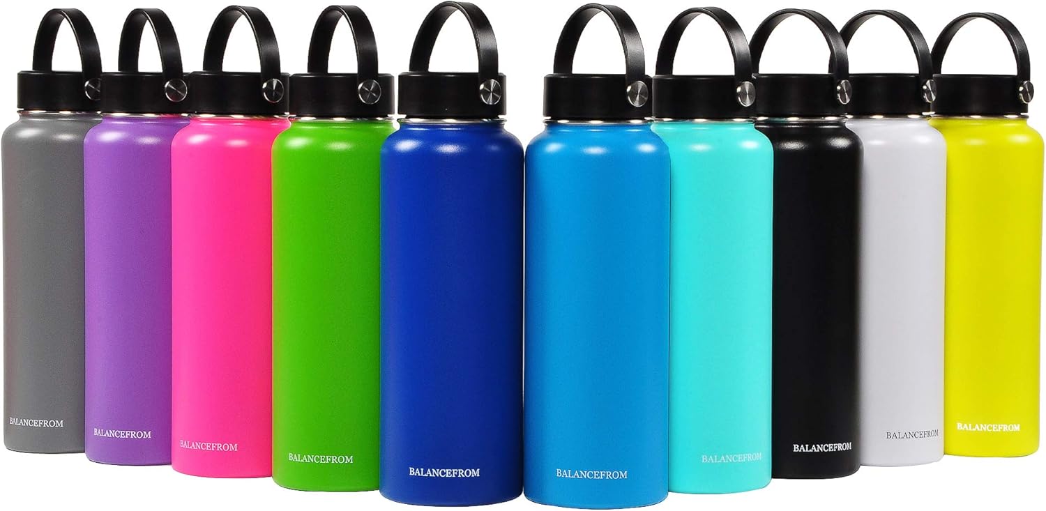BalanceFrom – Botella de agua de acero inoxidable aislada al vacío, con doble pared, 3 tapas incluidas, boca ancha y estándar, varios colores y