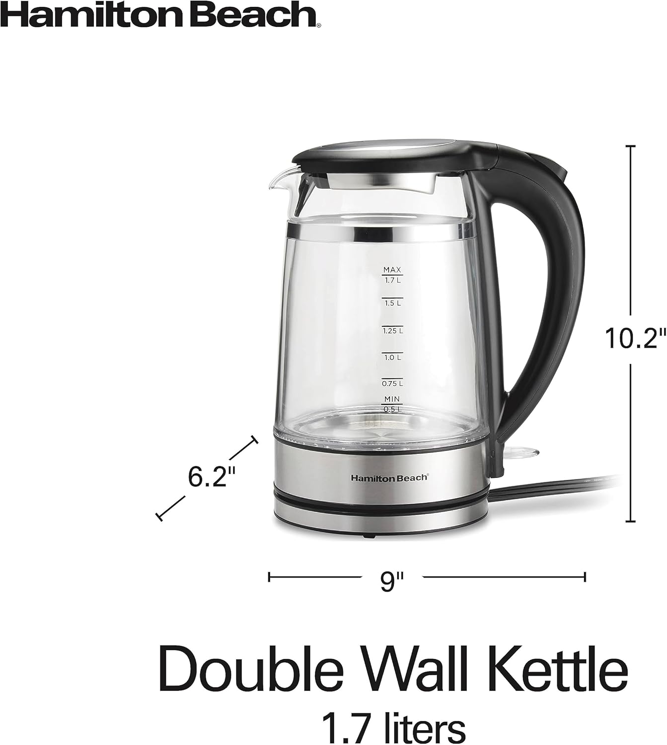 Hamilton Beach Hervidor de té eléctrico de doble pared de 1.7L, caldera de agua y calentador, filtro de malla integrado, apagado automático y