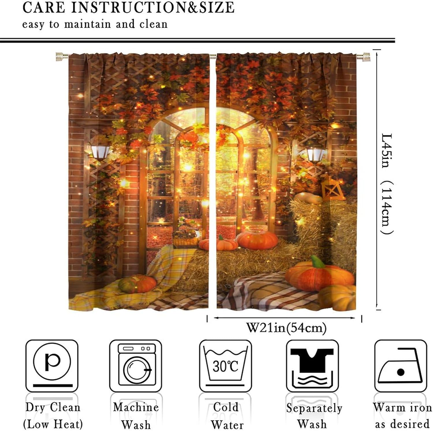 Cortinas de calabaza de cosecha de otoño, Acción de Gracias, hojas de arce otoñales, tratamientos de ventana para dormitorio, sala de estar, cocina,
