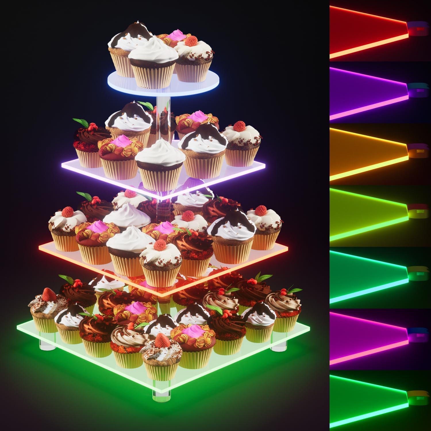 Soporte acrílico para cupcakes, 4 niveles recargable LED para postres, torre de cupcakes para Halloween, Navidad, boda, fiesta, baby shower y