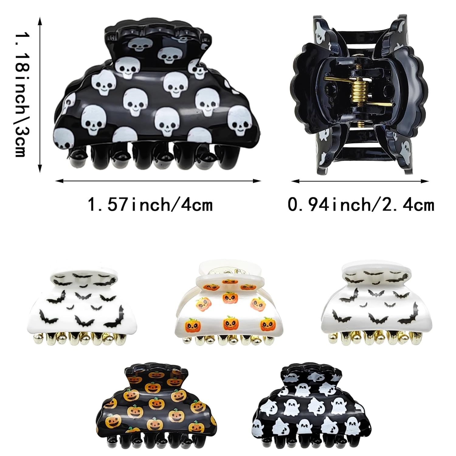 Paquete de 6 pinzas para el cabello de Halloween, lindas pinzas para el cabello pequeñas, clip con calabazas, murciélagos, fantasmas y esqueletos