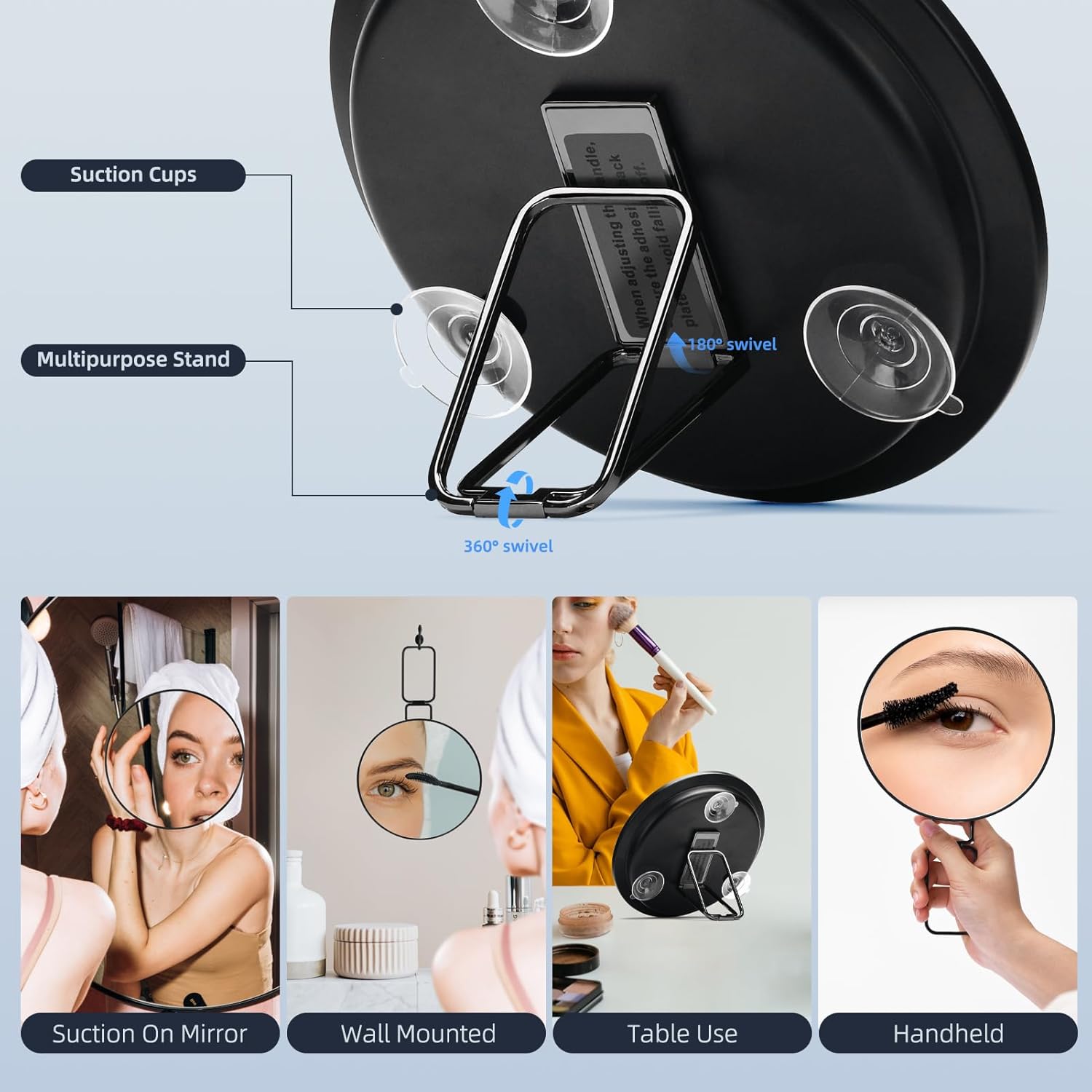 Espejo de aumento 10X con soporte ajustable de 360 y 3 ventosas, espejo de maquillaje grande de 6 pulgadas con aumento 10X para uso de mesa de mano,