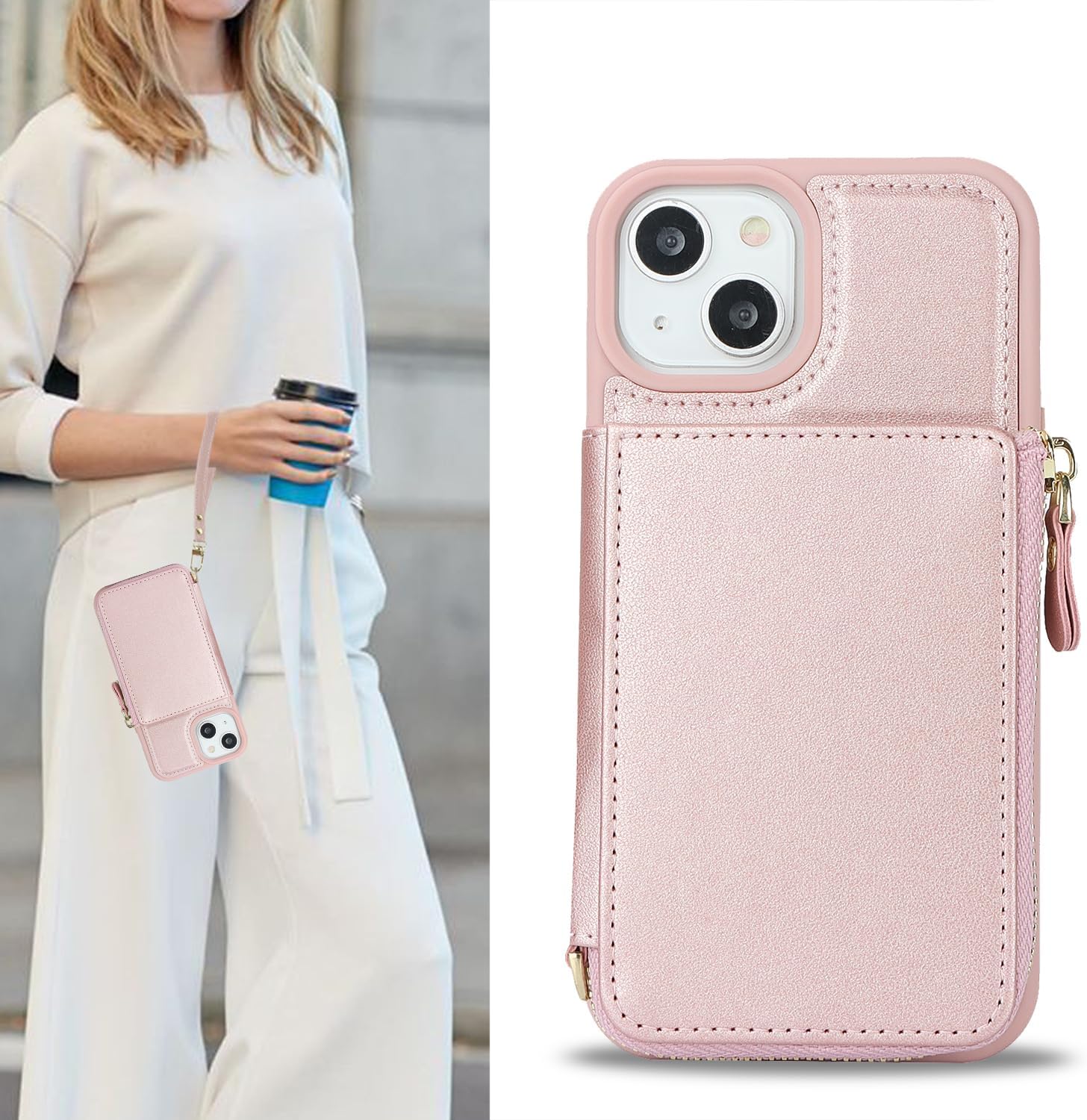 Funda para iPhone 14 Plus con tarjetero para iPhone 14 Plus, funda tipo cartera para mujer, funda con cremallera y cordón para bolsillo para