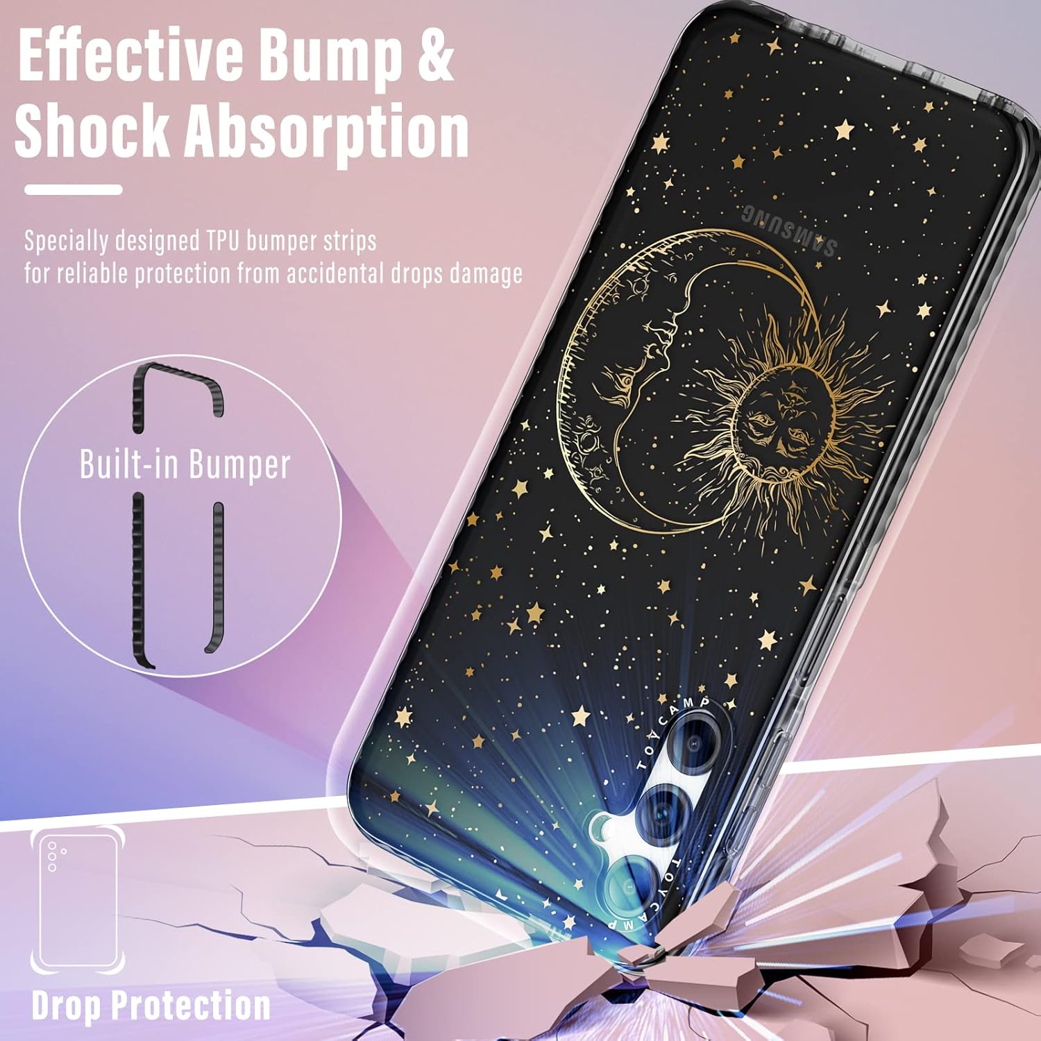 Toycamp Funda de teléfono para Galaxy A54 0.18 oz con soporte de anillo, diseño de fantasía con purpurina, diseño de estrellas y sol, luna,