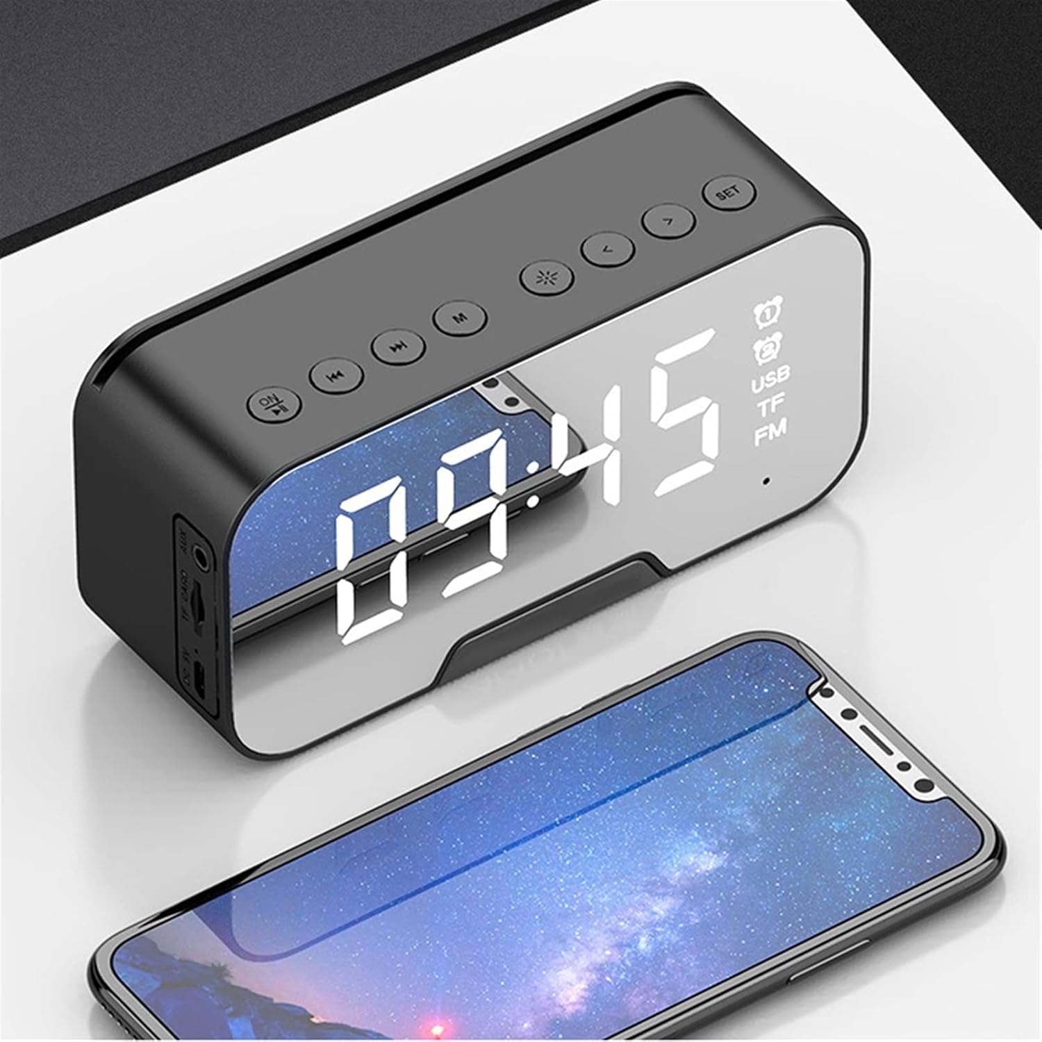Reloj despertador, material ABS, espejo multifunción, altavoz Bluetooth con radio FM, subwoofer inalámbrico, reproductor de música, reloj de mesa,