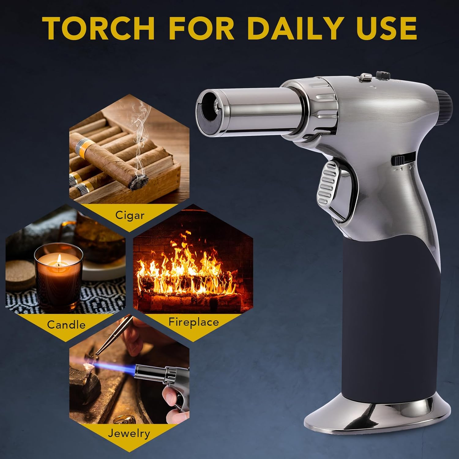 Tuffen Antorcha de cocina gris, pistola de butano de doble llama para velas y crema Brulee y más, encendedor de antorcha de cocina recargable, gas