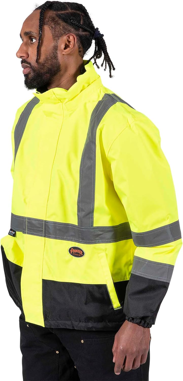 Pioneer Chaqueta de seguridad reversible – Chaqueta impermeable transpirable para hombre y mujer – Amarillo de alta visibilidad – Cinta reflectante