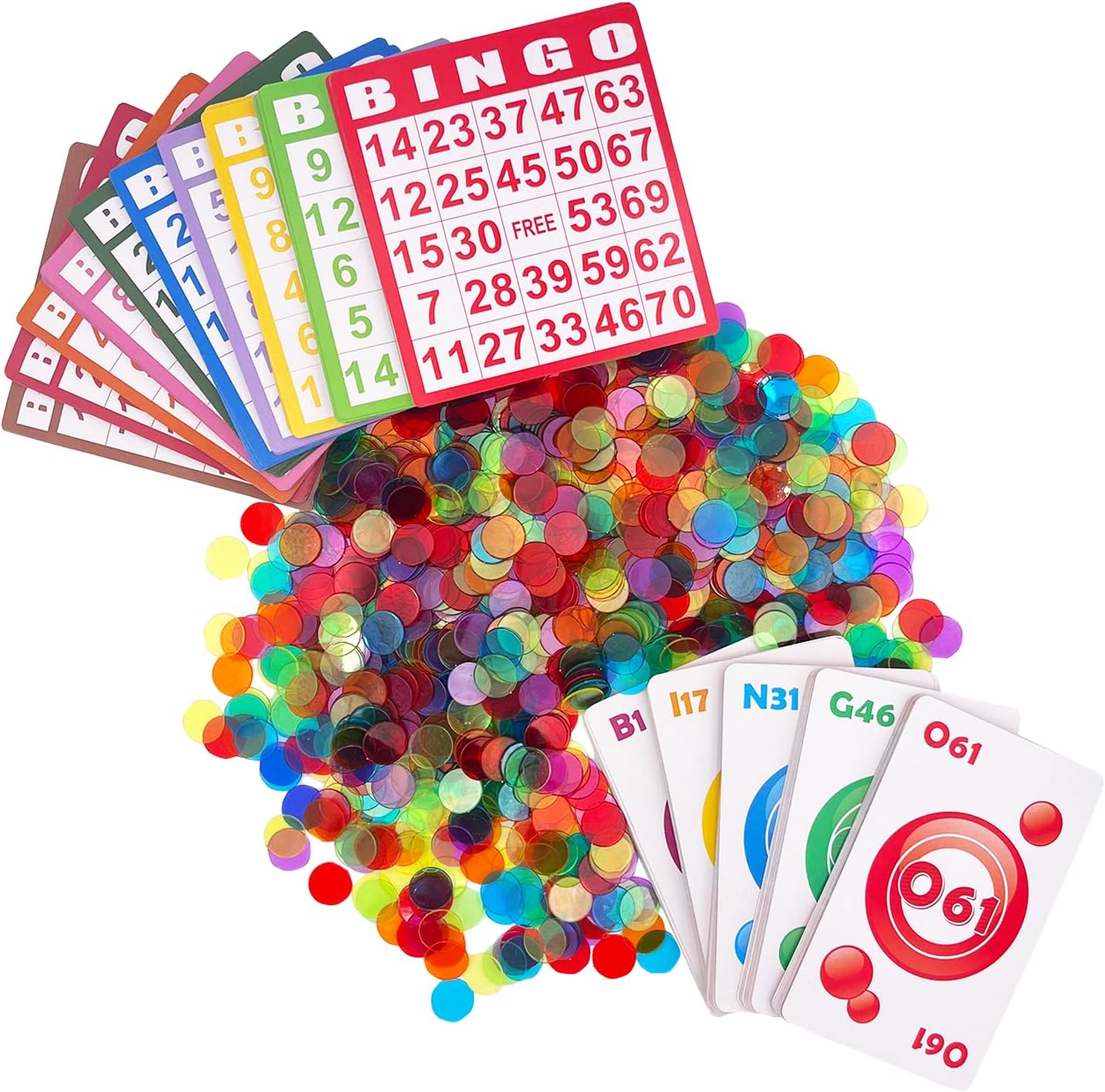 Juego de bingo – 1000 fichas coloridas con una bolsa, 100 tarjetas de bingo y mazo jumbo de tarjetas de llamada para adultos, personas mayores y