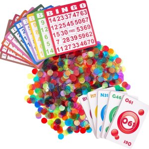 Juego de bingo – 1000 fichas coloridas con una bolsa, 100 tarjetas de bingo y mazo jumbo de tarjetas de llamada para adultos, personas mayores y Juego de bingo – 1000 fichas coloridas con una bolsa, 100 tarjetas de bingo y mazo jumbo de tarjetas de llamada para adultos, personas mayores y