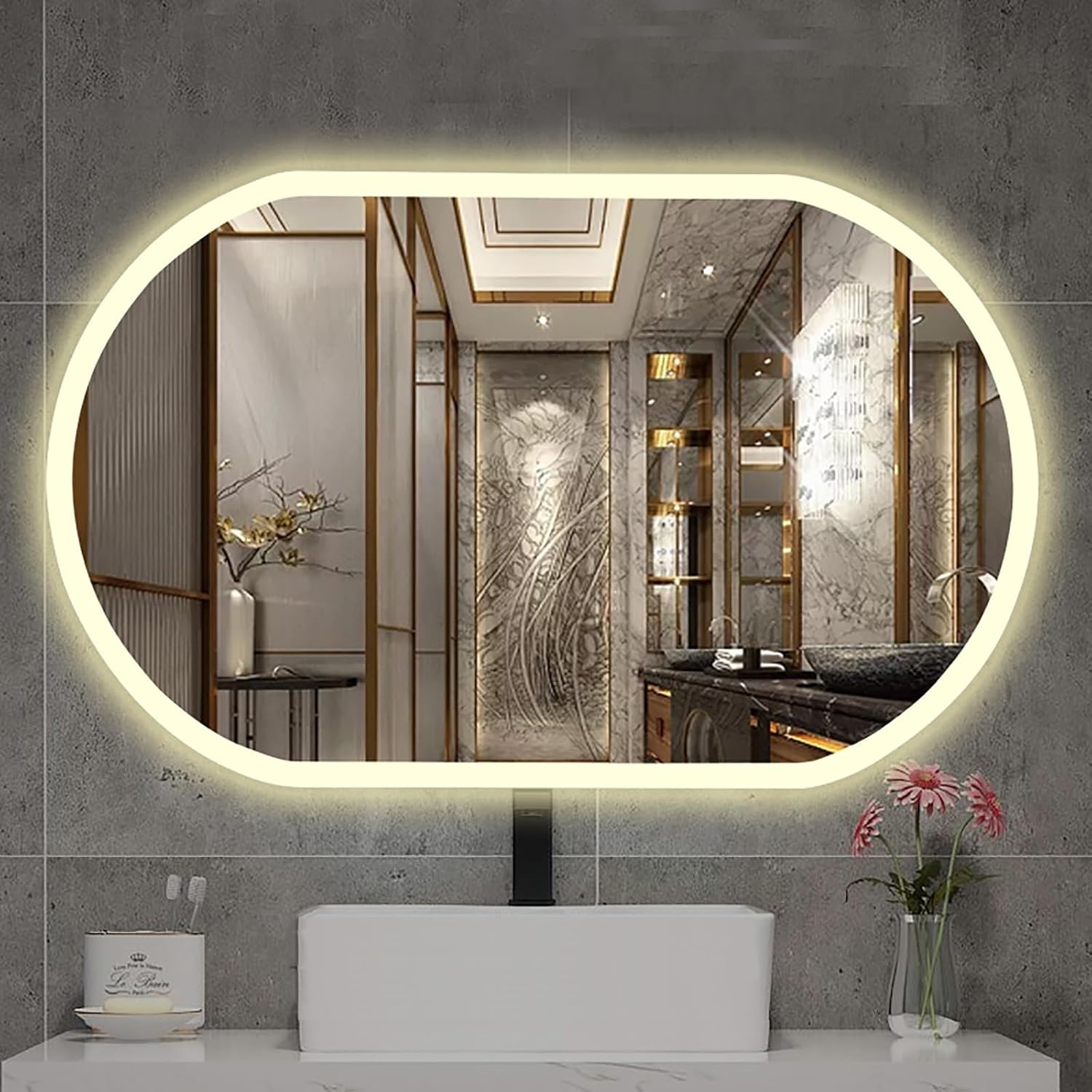 Espejo con luz LED para baño, espejo grande enmarcado sin escalones, regulable, iluminado para montar en la pared, espejo rectangular redondeado