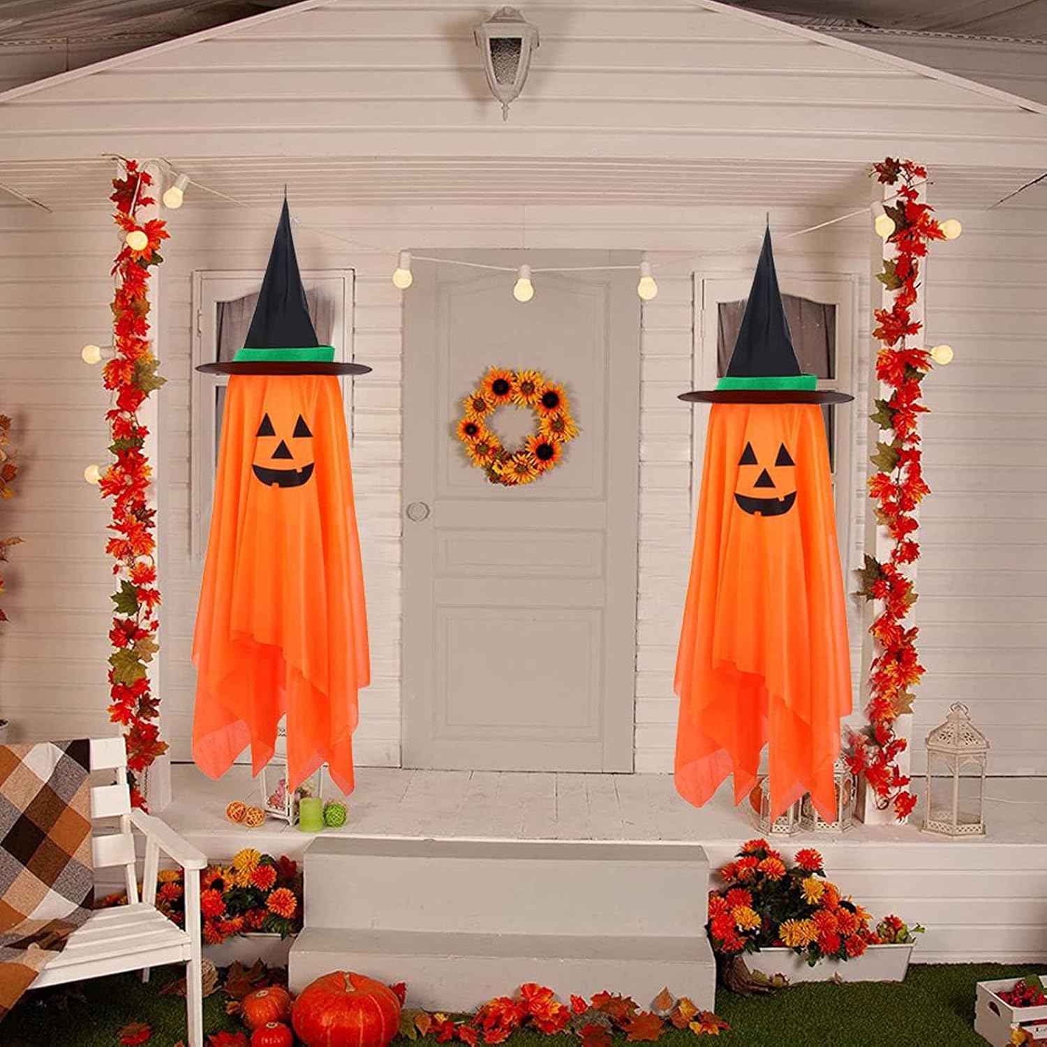 Decoraciones de Halloween para el hogar, paquete de 2 calabazas naranjas preinstaladas, sombrero de mago para decoración de otoño al aire libre,