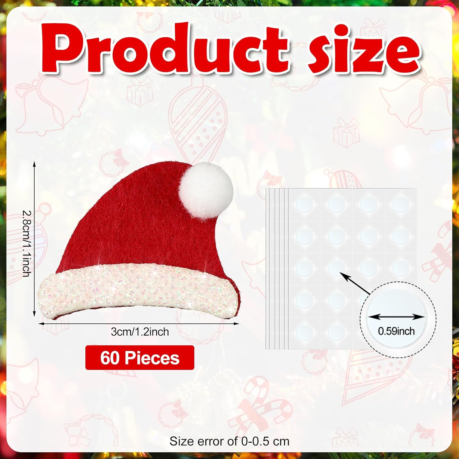 60 calcomanías de fieltro para sombrero de Papá Noel para niños, Navidad con purpurina 3D, sombrero de Papá Noel, gorra de Santa con purpurina,