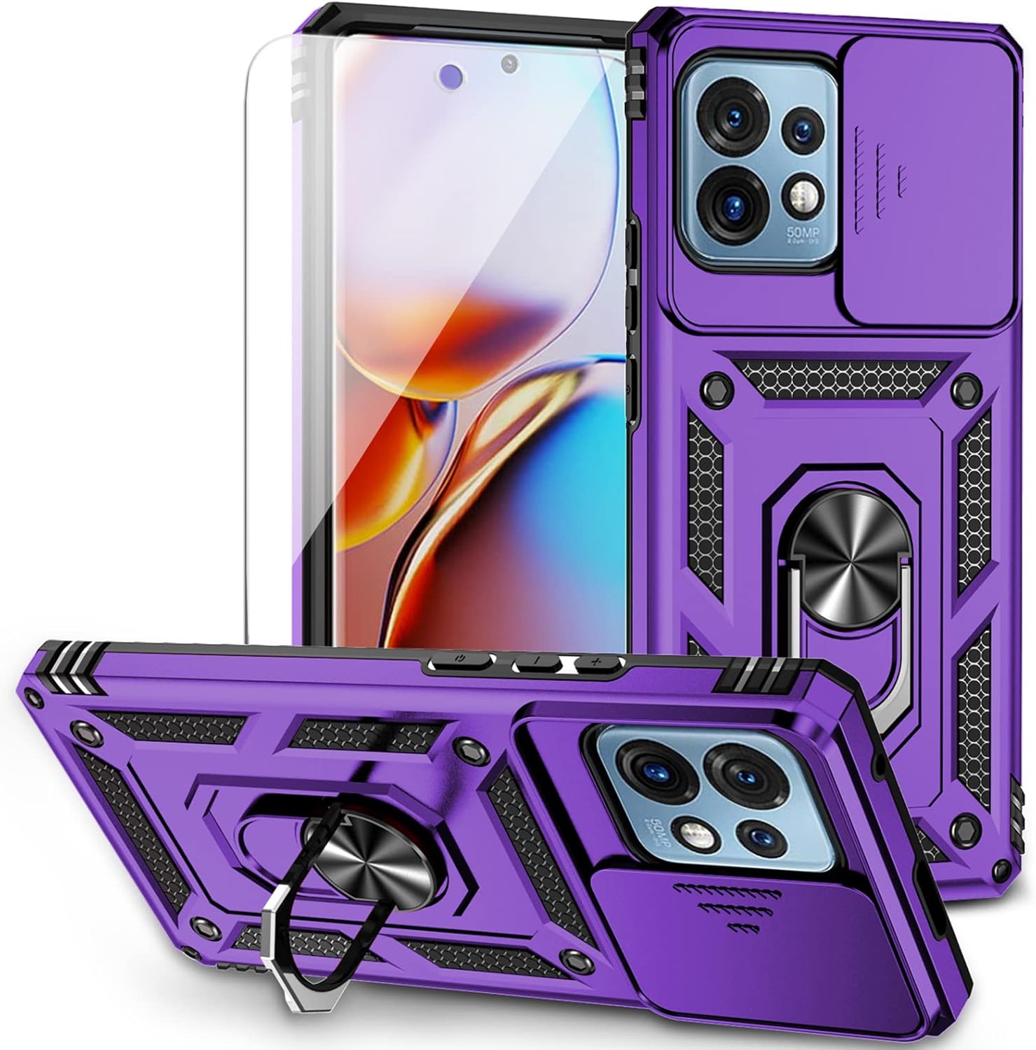 Funda para Motorola Edge Plus 2023 con funda para cámara deslizante y protector de pantalla HD grado militar de 16 pies probada en caídas Funda