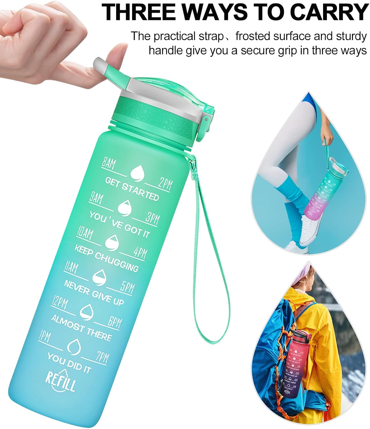 ELYPHINE – Botellas de agua de 3224onzas con pajilla extraíble y marcador de tiempo, botellas deportivas motivacionales con material Tritan sin