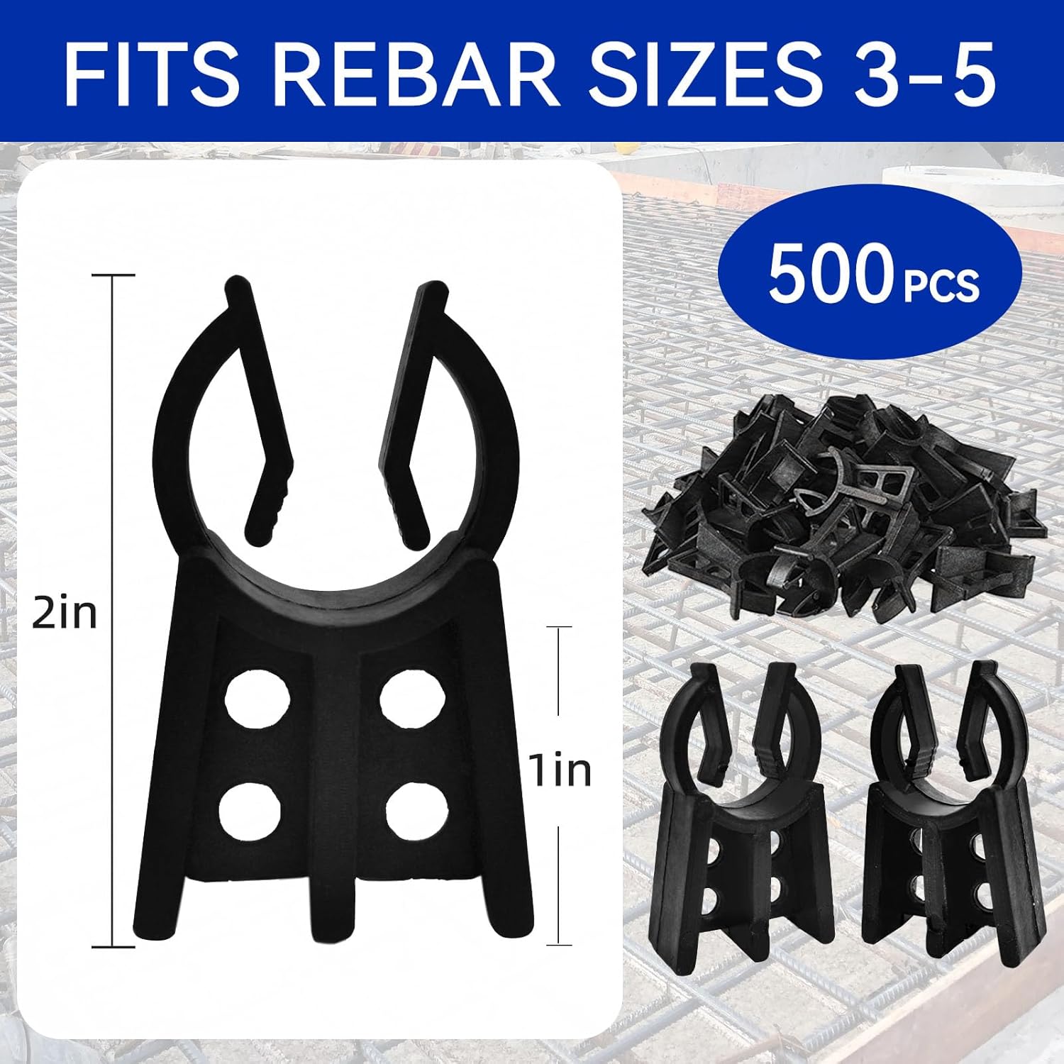 Sandbaggy – Sillas de refuerzo de plástico color negro, paquete de 500 sillas de refuerzo de hormigón, se adapta a barras de refuerzo #3 a #5, eleva