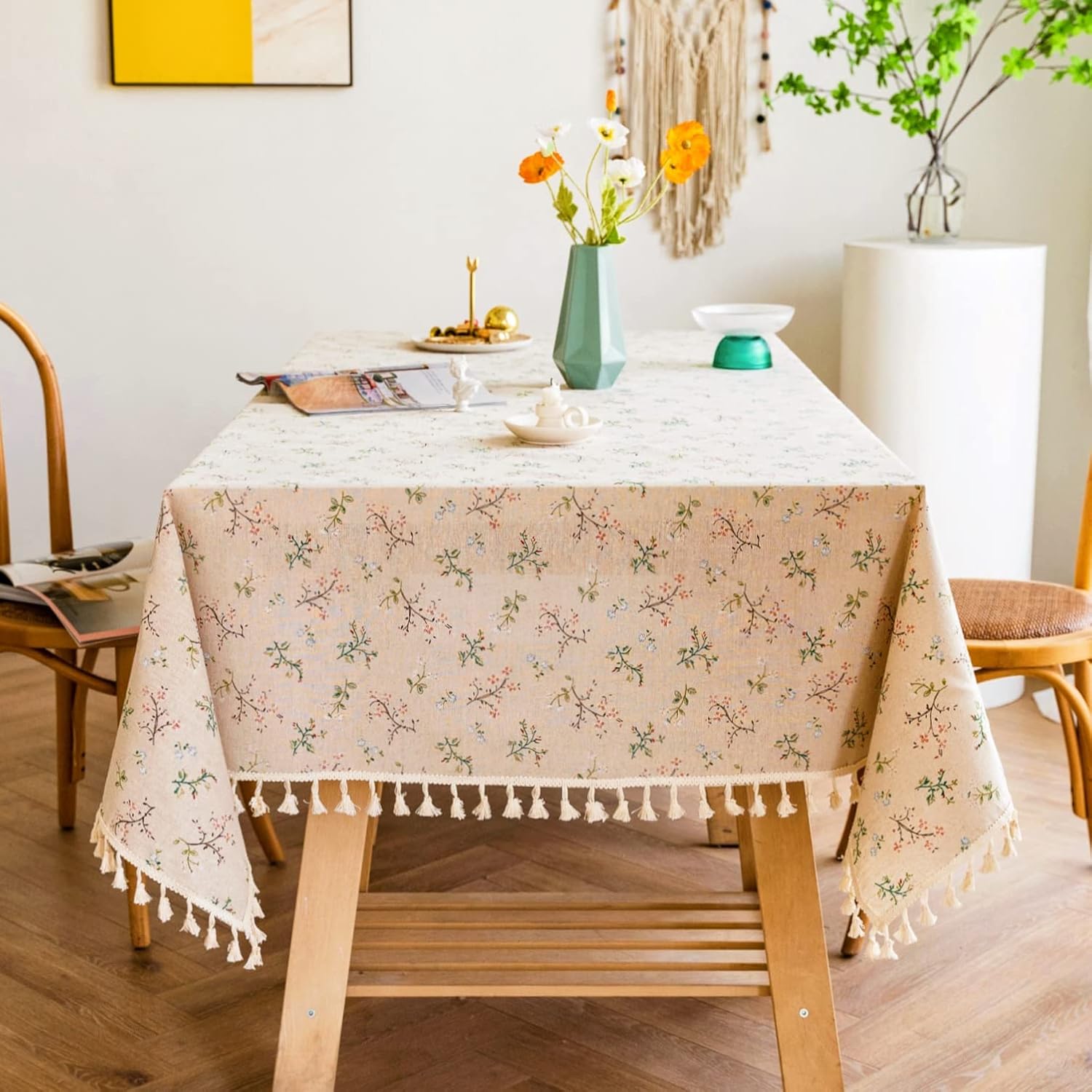 YUURAIN VUVU – Mantel rectangular de algodón con varios patrones de plantas, con borlas y costuras para cocina, comedor, mesa, decoración, fiesta de