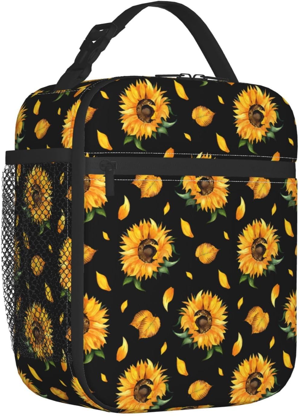 Lonchera con diseño floral de girasol negro, bolsa de almuerzo aislada con flores para mujeres y hombres, reutilizable, portátil, a prueba de fugas,