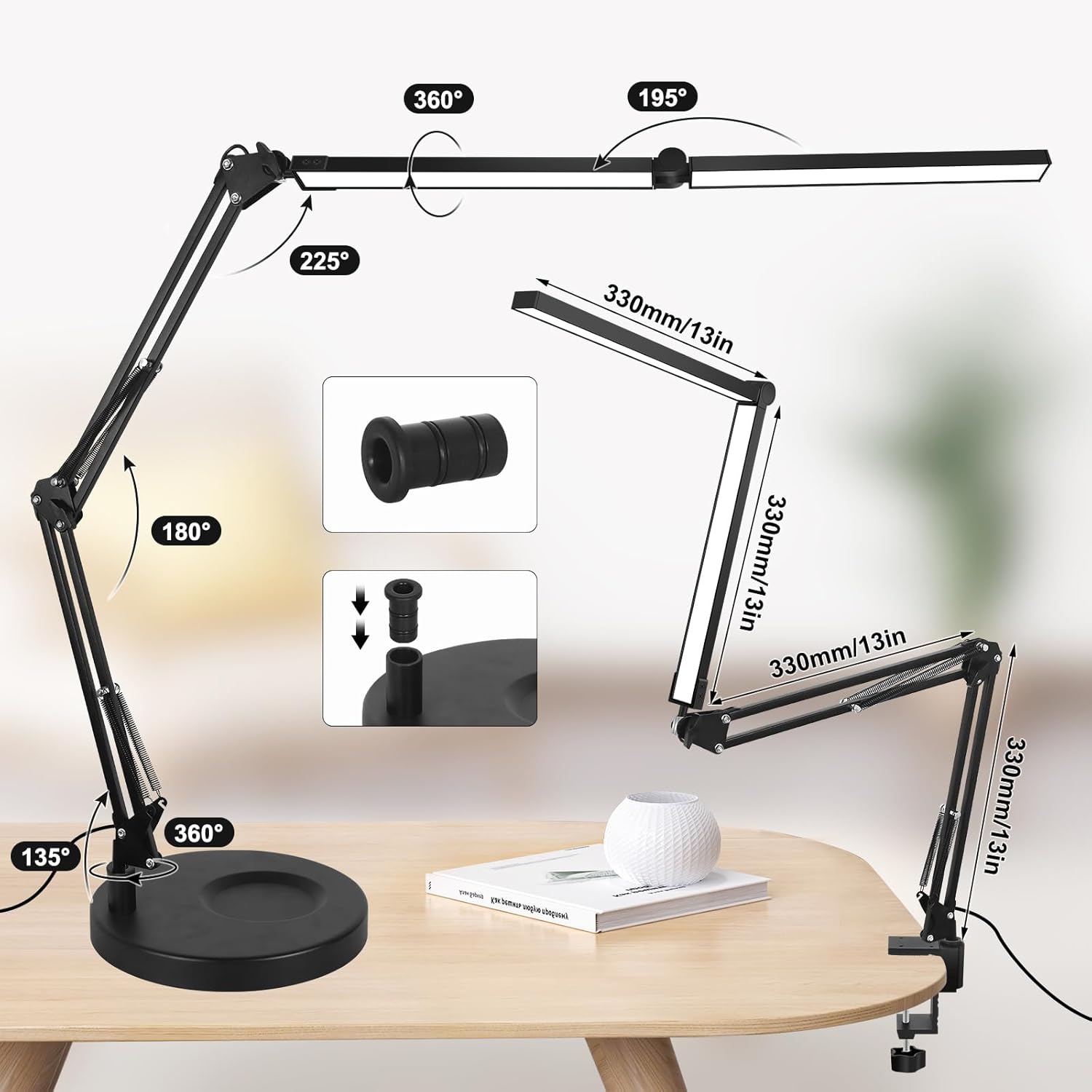Lámparas de escritorio 2 en 1 para tecnología de uñas, lámpara de escritorio LED grande de 24 W con control remoto, lámpara de arquitecto doble,