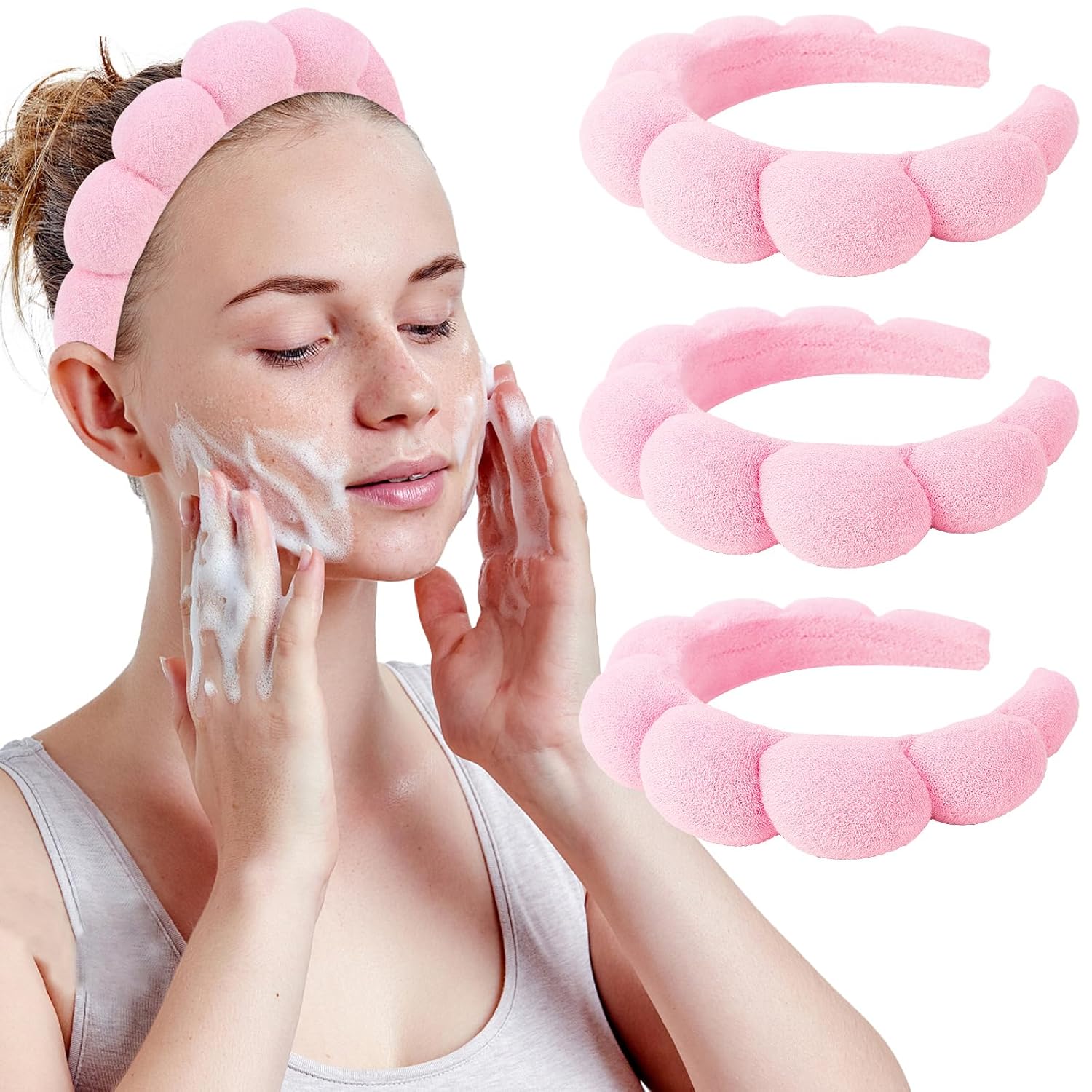 WHAVEL Paquete de 3 diademas de spa para el cuidado de la piel, diadema de maquillaje, diadema de esponja de tela de rizo, diadema de lavado facial,